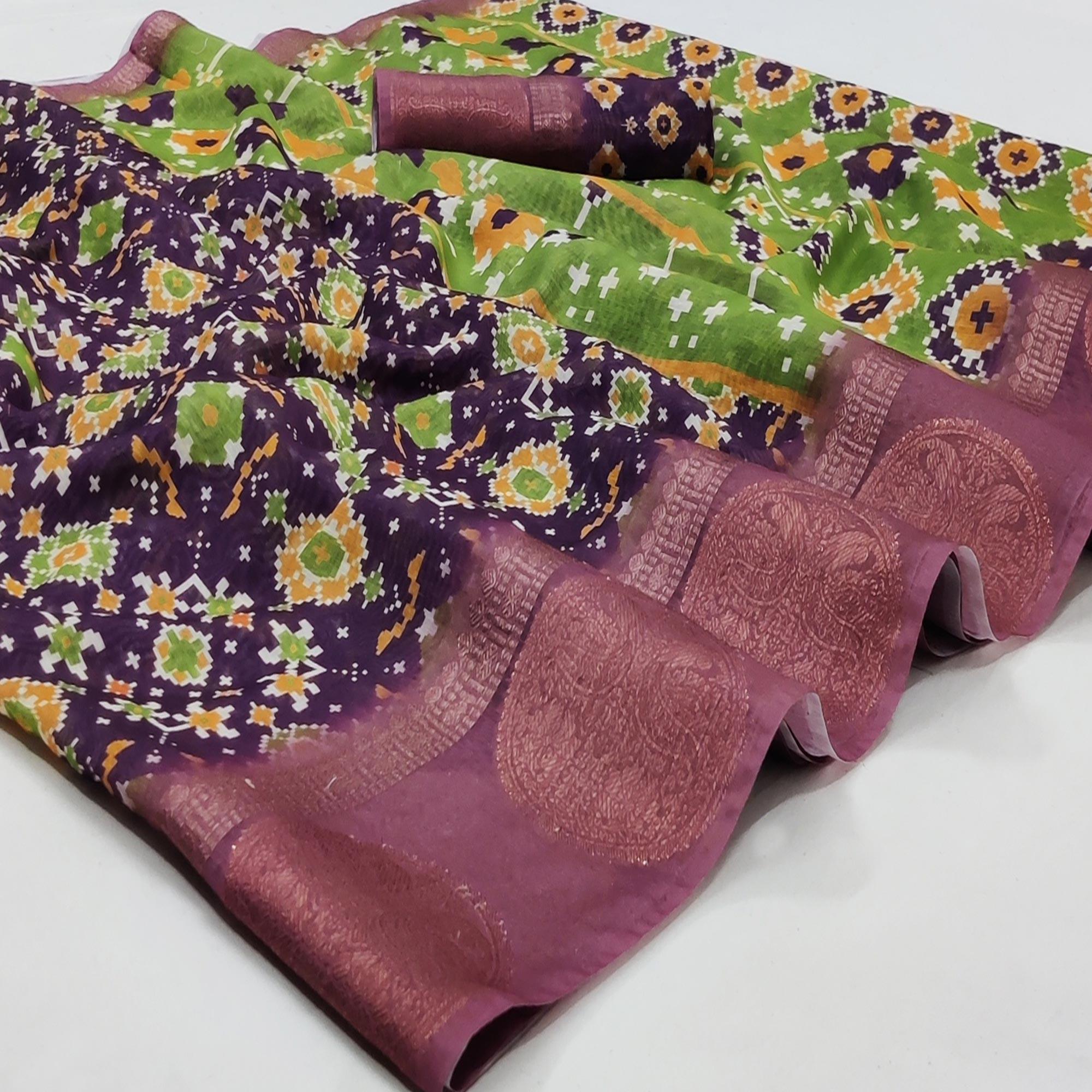 Purple Casual Wear Digital Printed Linen Saree Woven Border - Peachmode