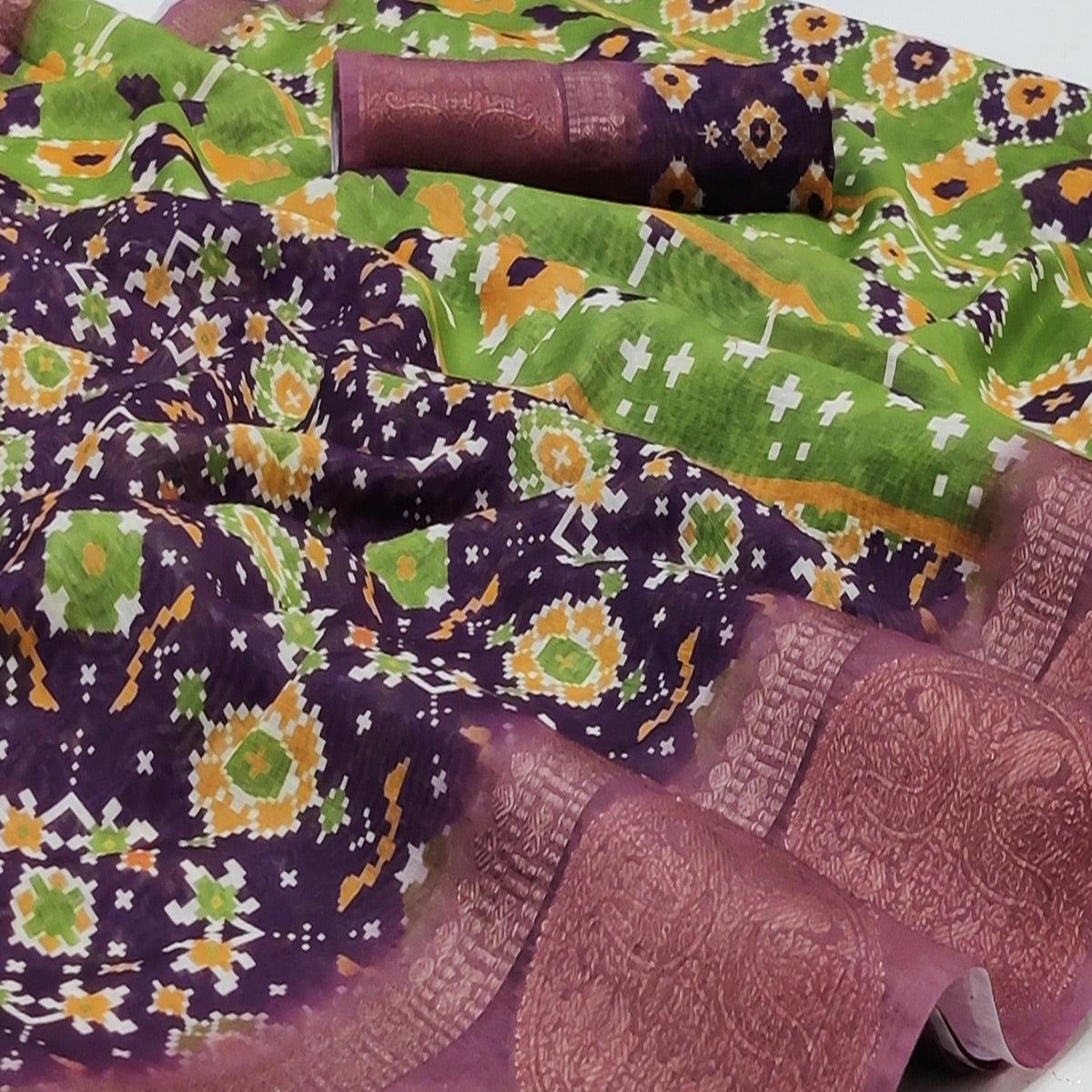 Purple Casual Wear Digital Printed Linen Saree Woven Border - Peachmode