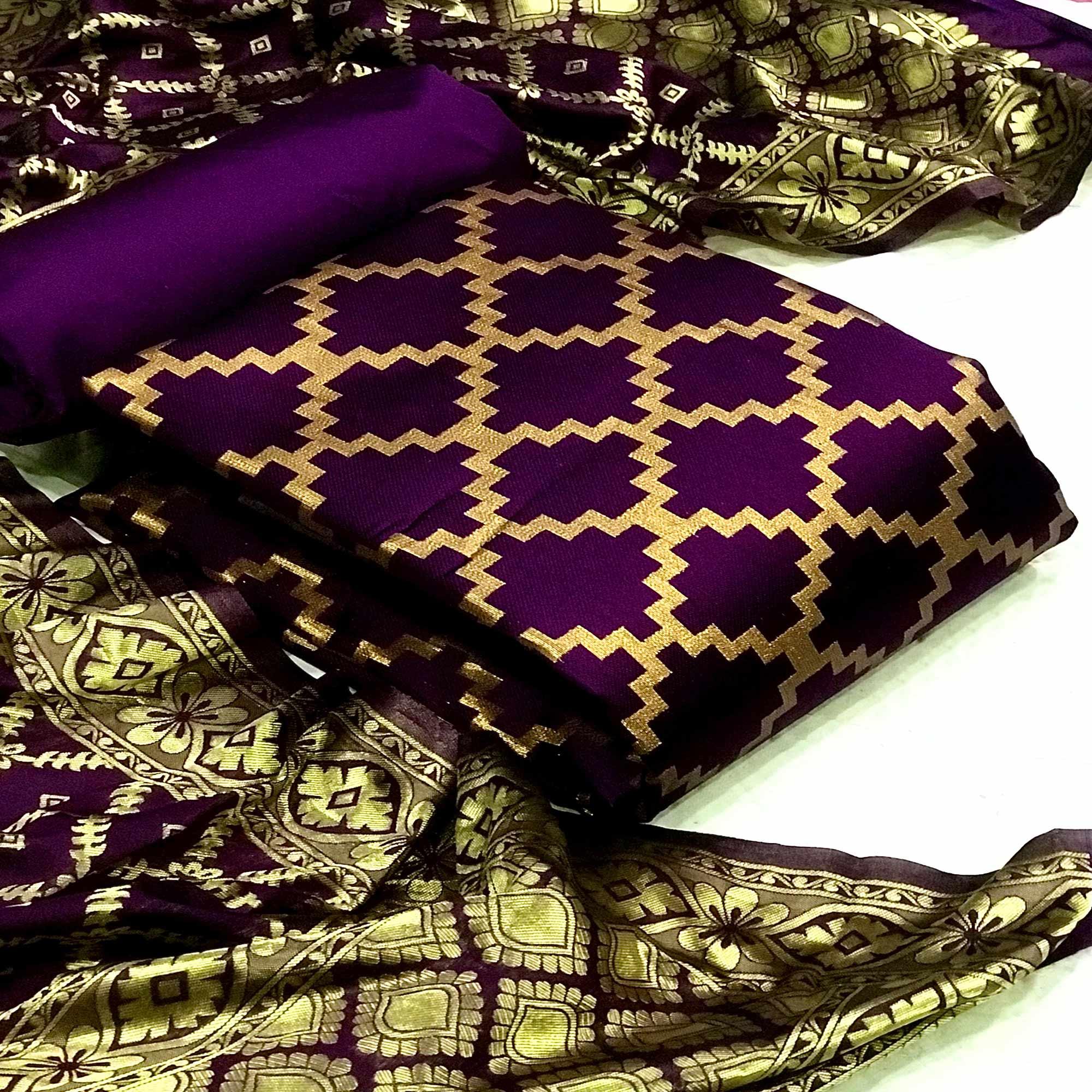 Purple Casual Wear Embroidered Banarasi Silk Dress Material - Peachmode