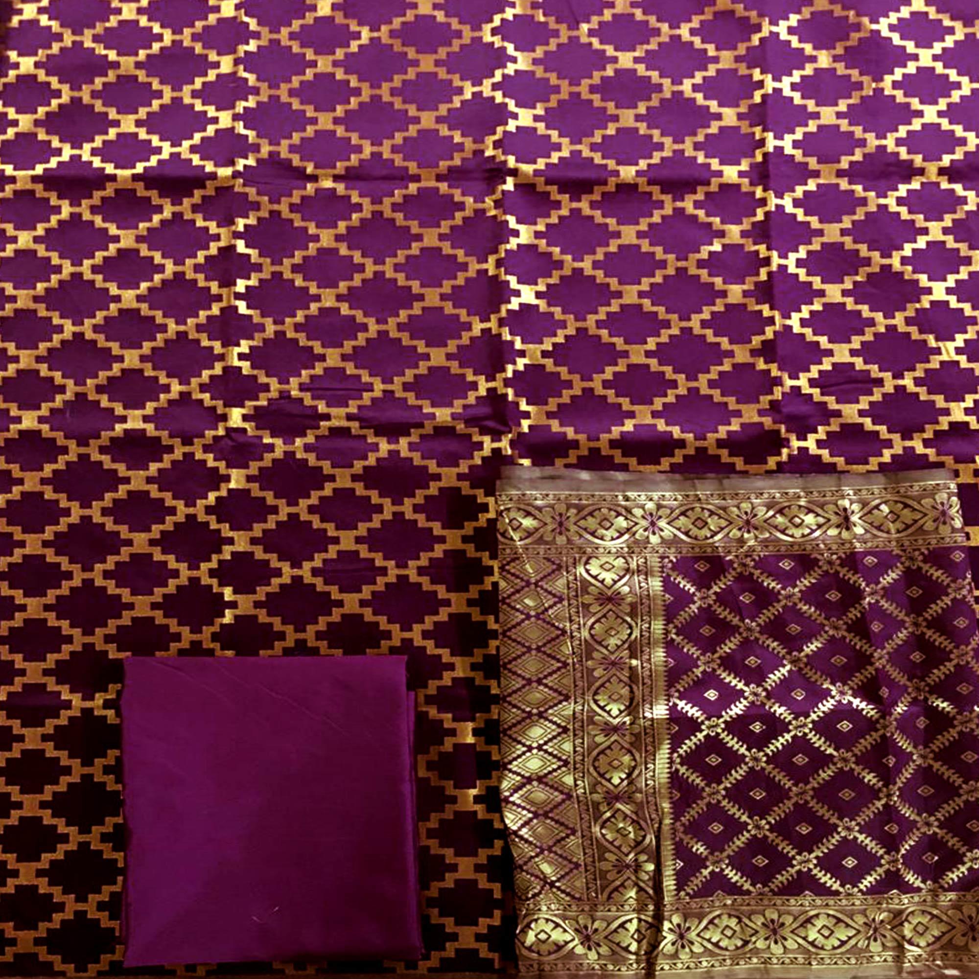 Purple Casual Wear Embroidered Banarasi Silk Dress Material - Peachmode