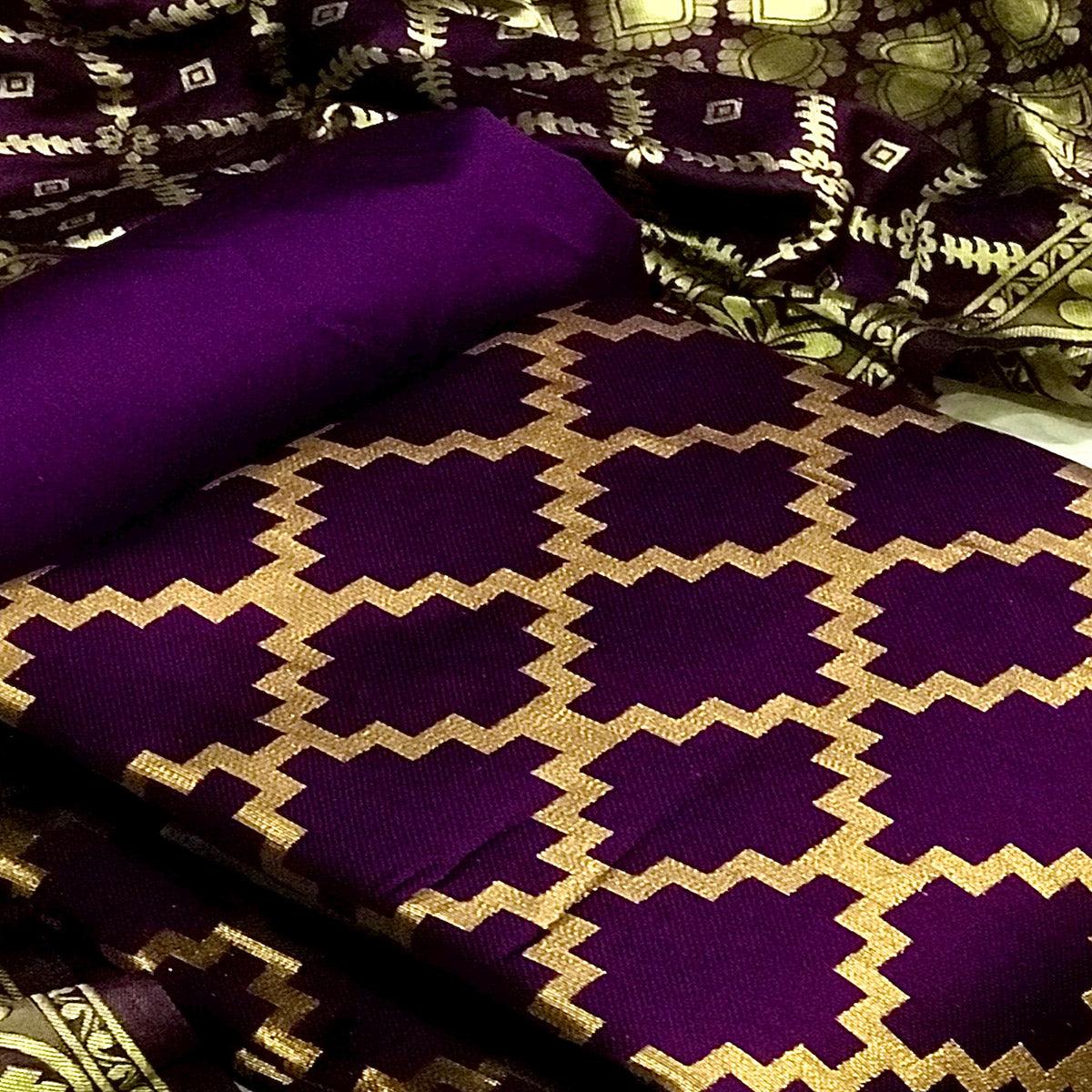Purple Casual Wear Embroidered Banarasi Silk Dress Material - Peachmode
