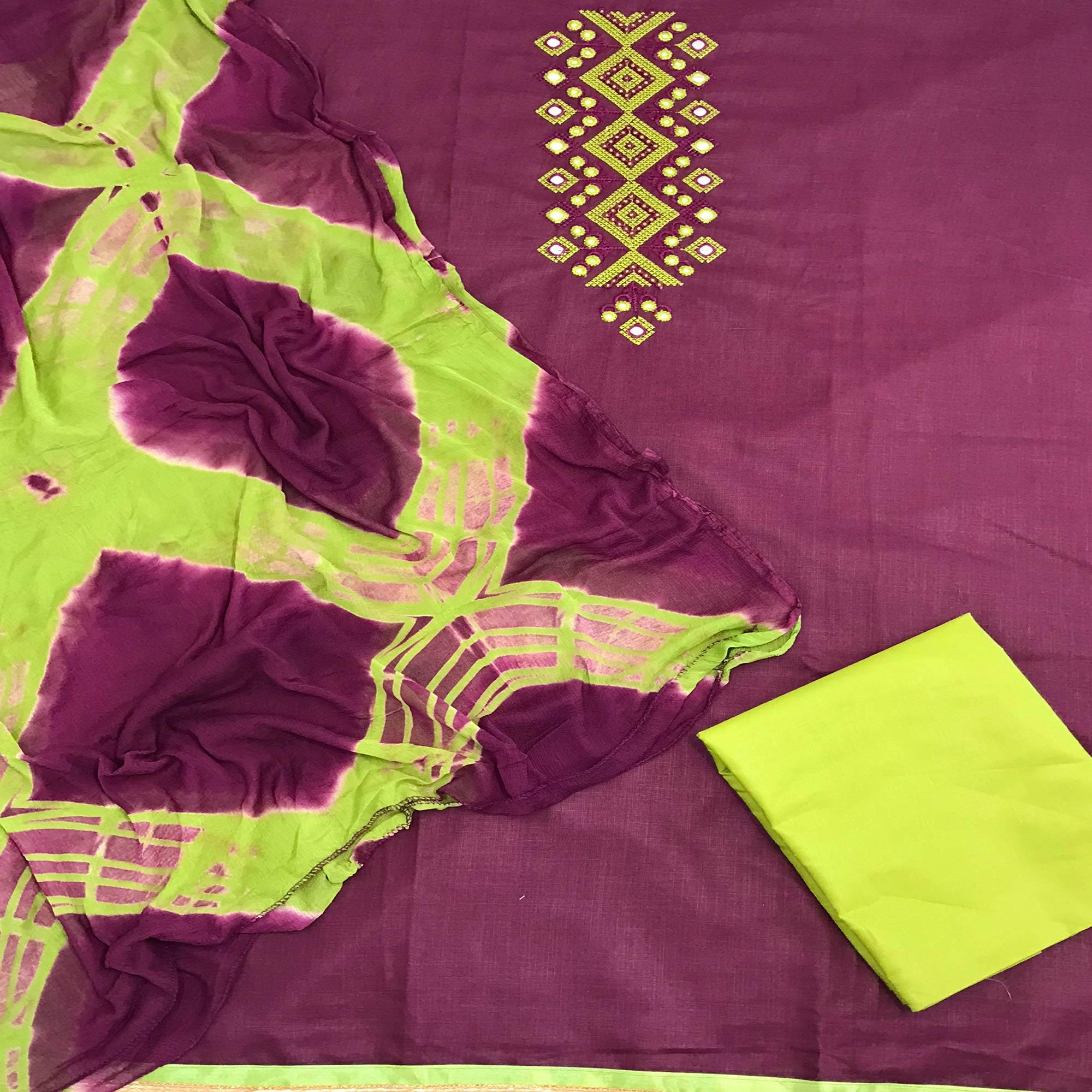 Purple Casual Wear Embroidered Cotton Dress Material - Peachmode