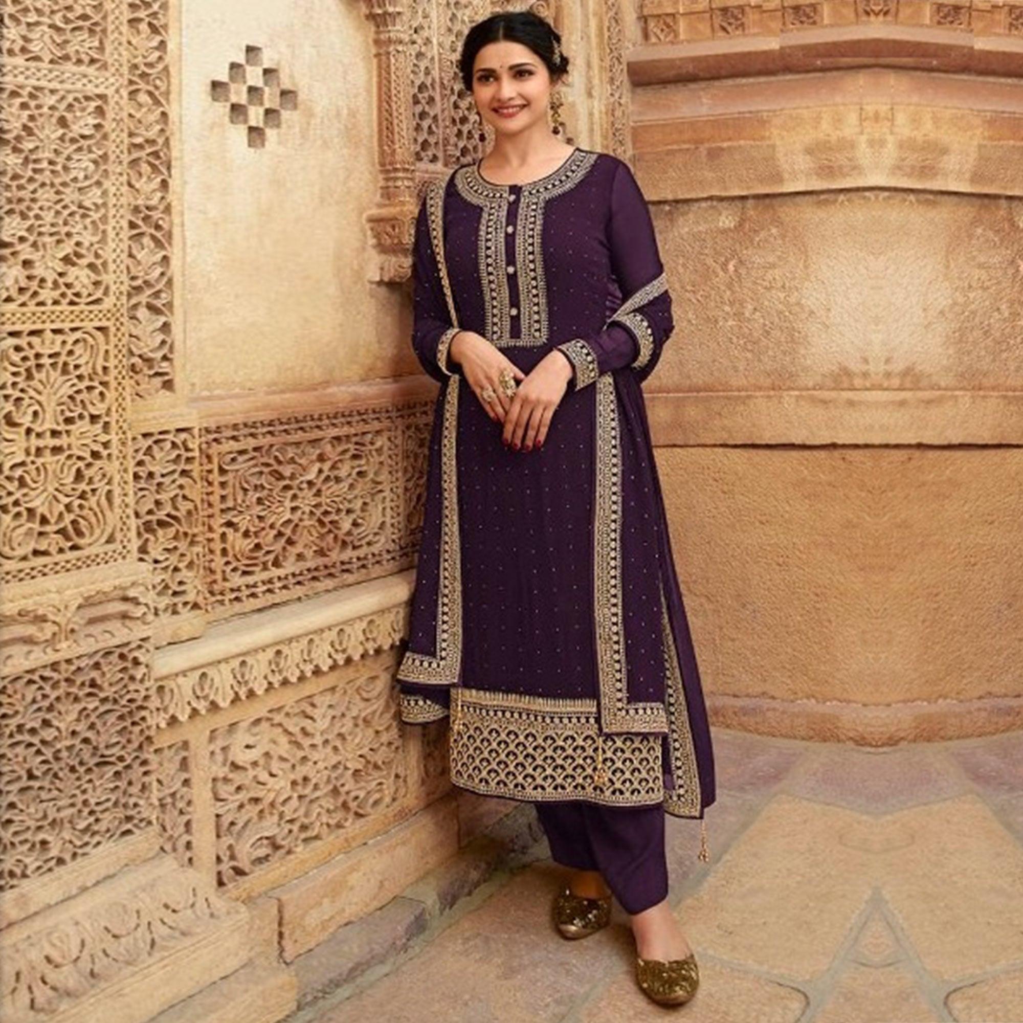 Purple Casual Wear Embroidered Faux Georgette Salwar Suit - Peachmode
