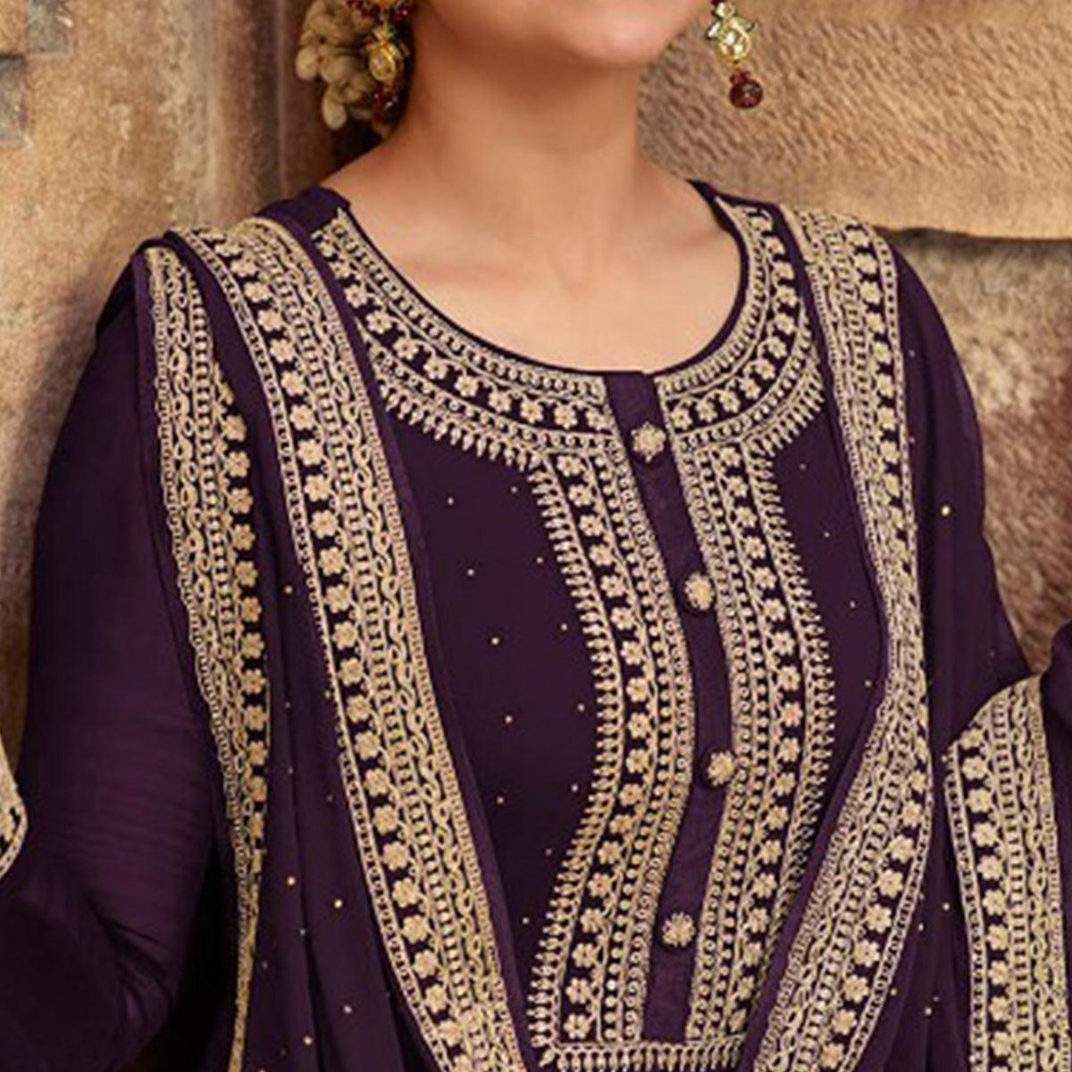 Purple Casual Wear Embroidered Faux Georgette Salwar Suit - Peachmode