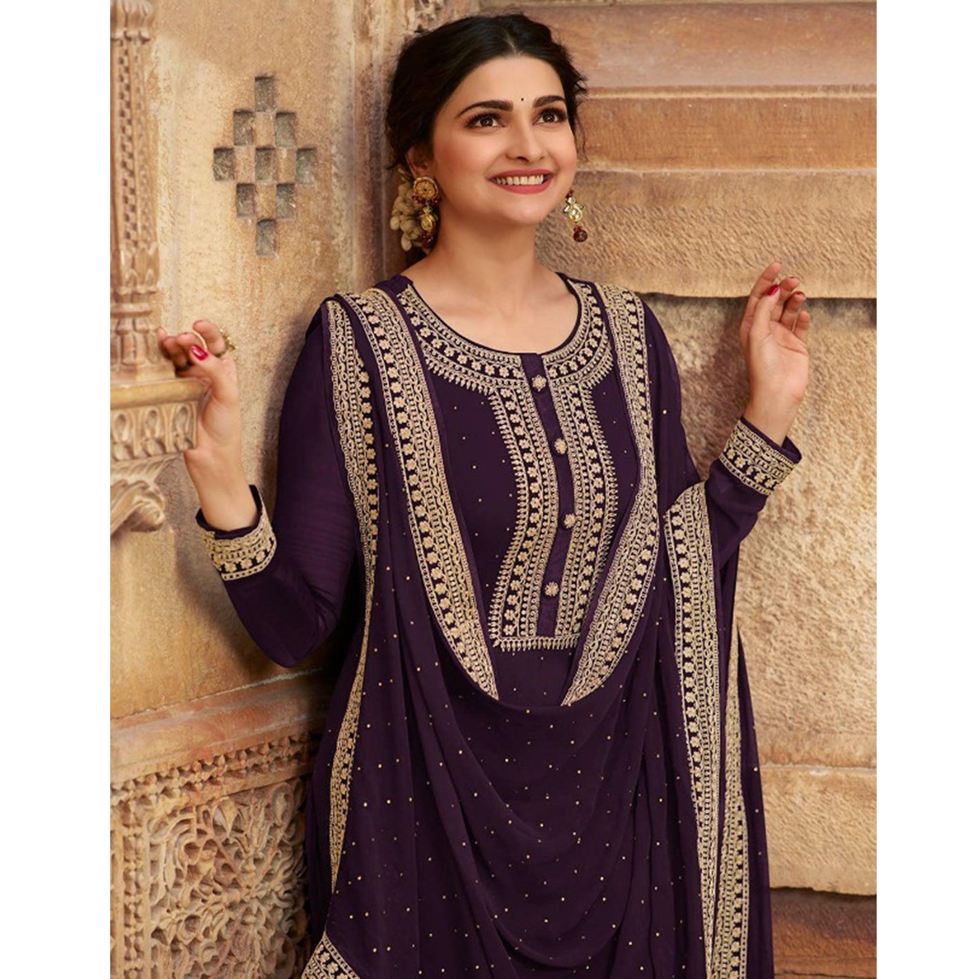 Purple Casual Wear Embroidered Faux Georgette Salwar Suit - Peachmode
