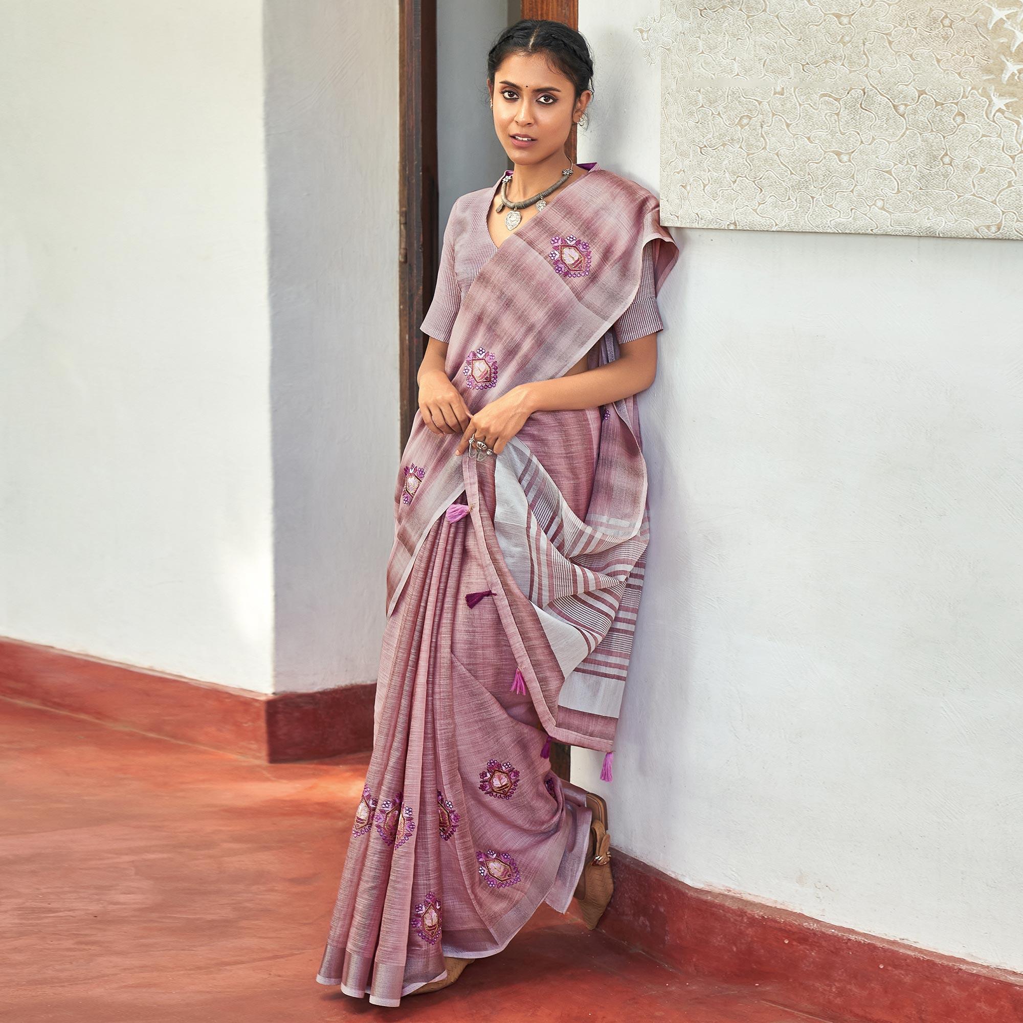 Purple Casual Wear Embroidered Linen Saree With Tassels - Peachmode