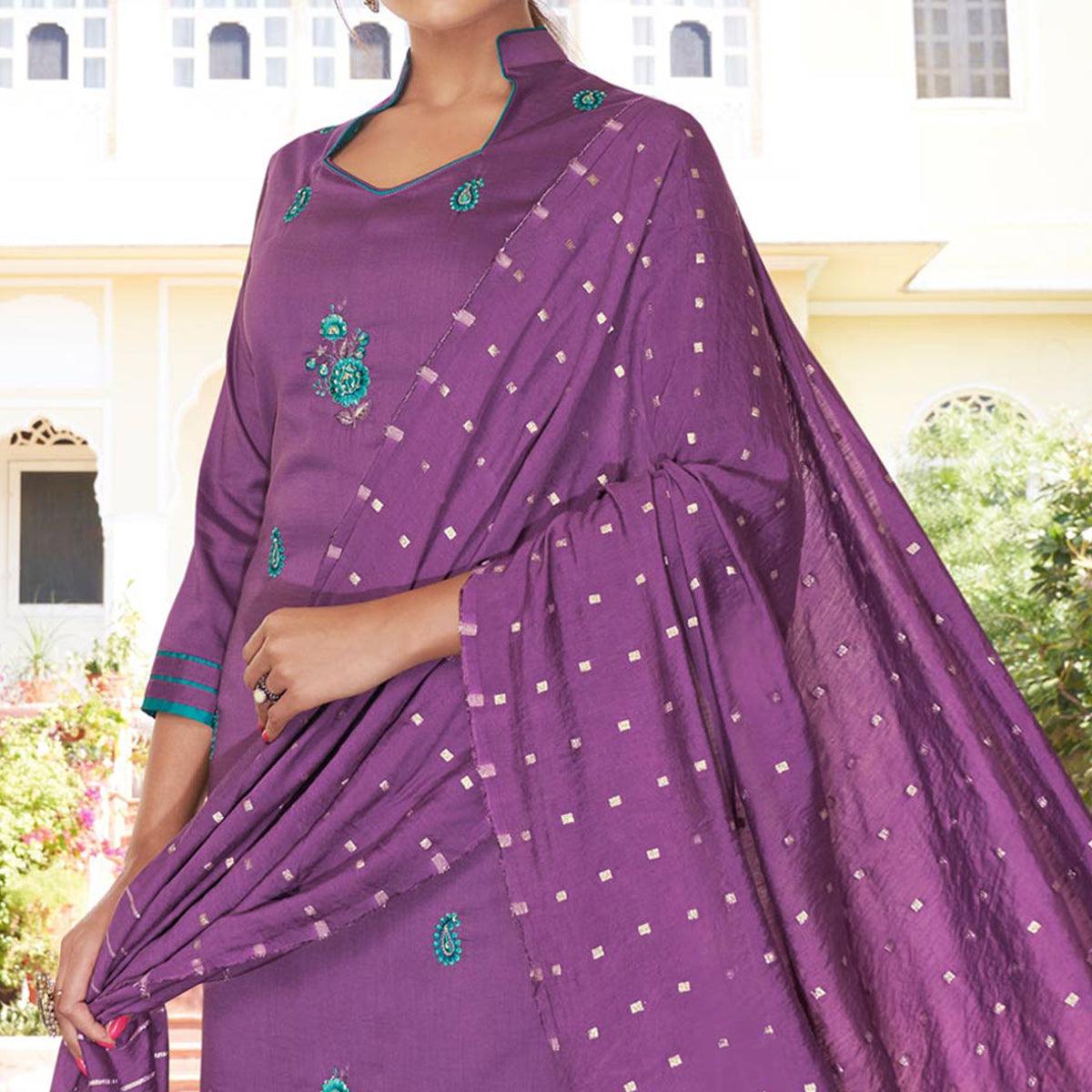 Purple Casual Wear Embroidered Pure Modal Viscose Palazzo Suit - Peachmode