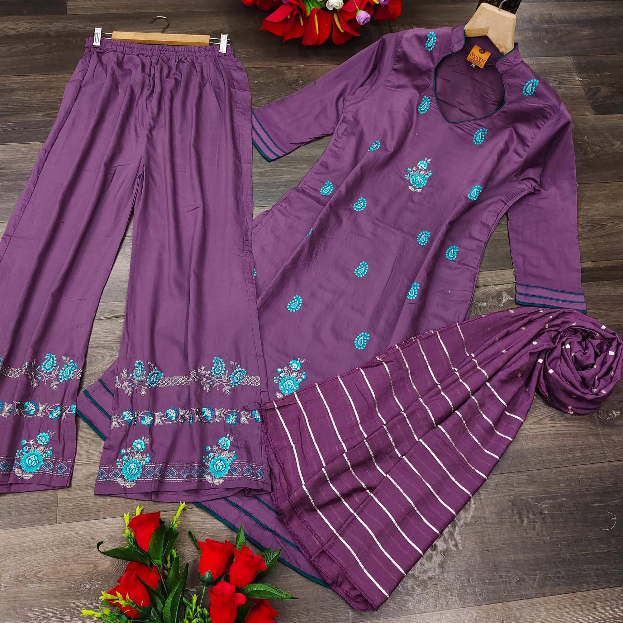 Purple Casual Wear Embroidered Pure Modal Viscose Palazzo Suit - Peachmode