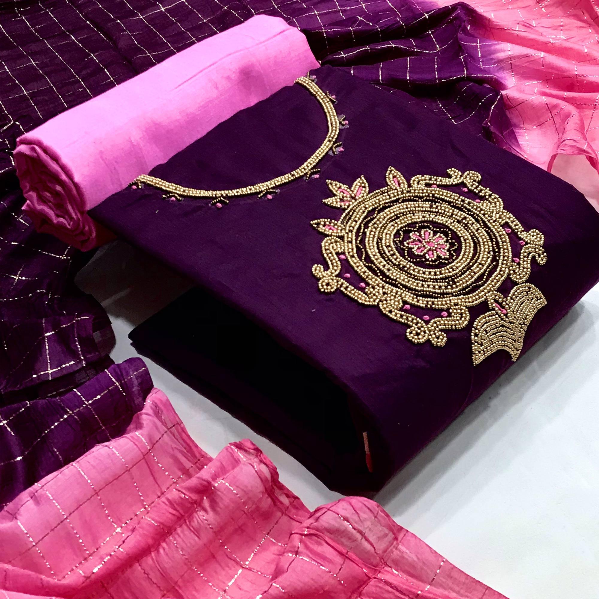 Purple Casual Wear Floral embellished Handwork Chanderi Dress Material - Peachmode