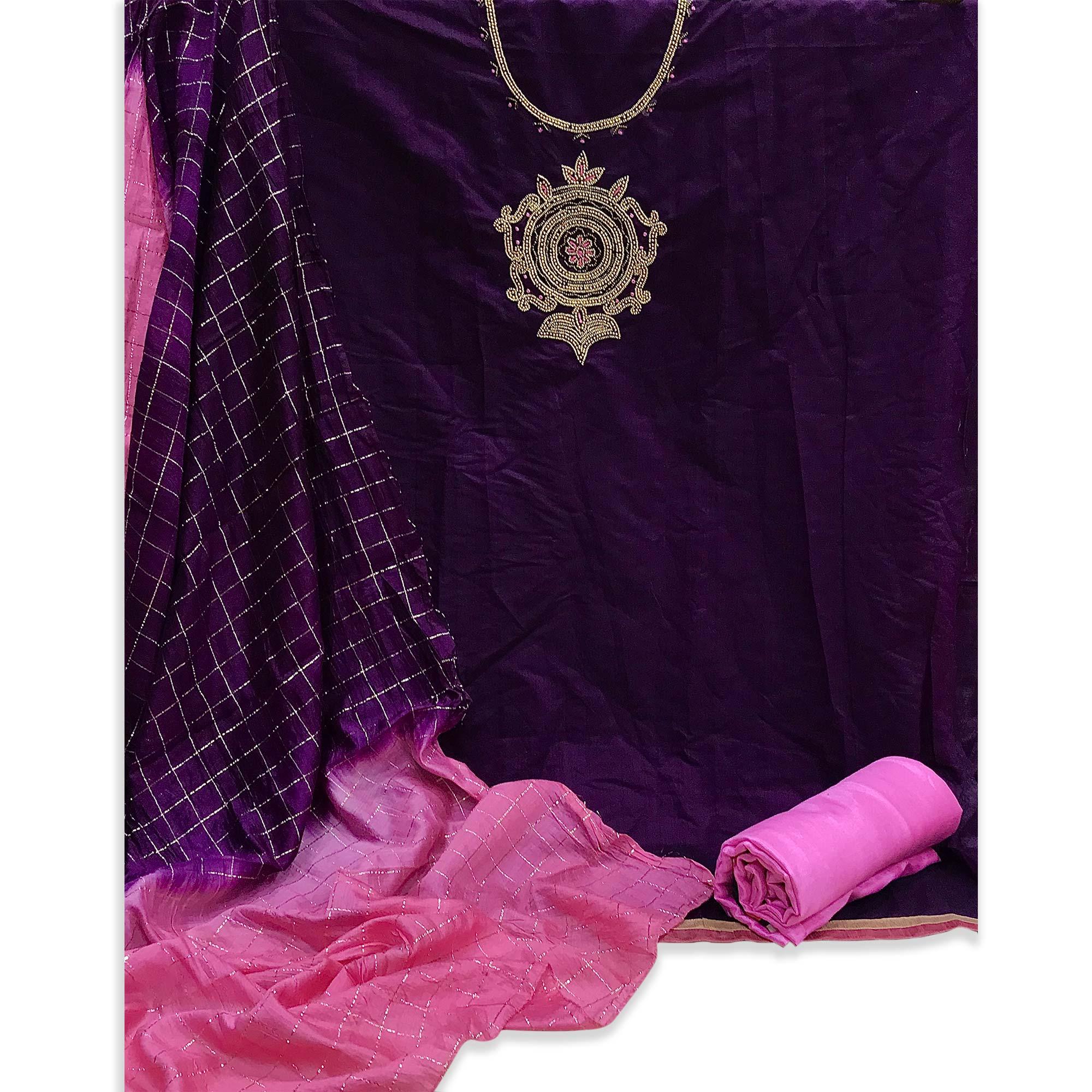 Purple Casual Wear Floral embellished Handwork Chanderi Dress Material - Peachmode