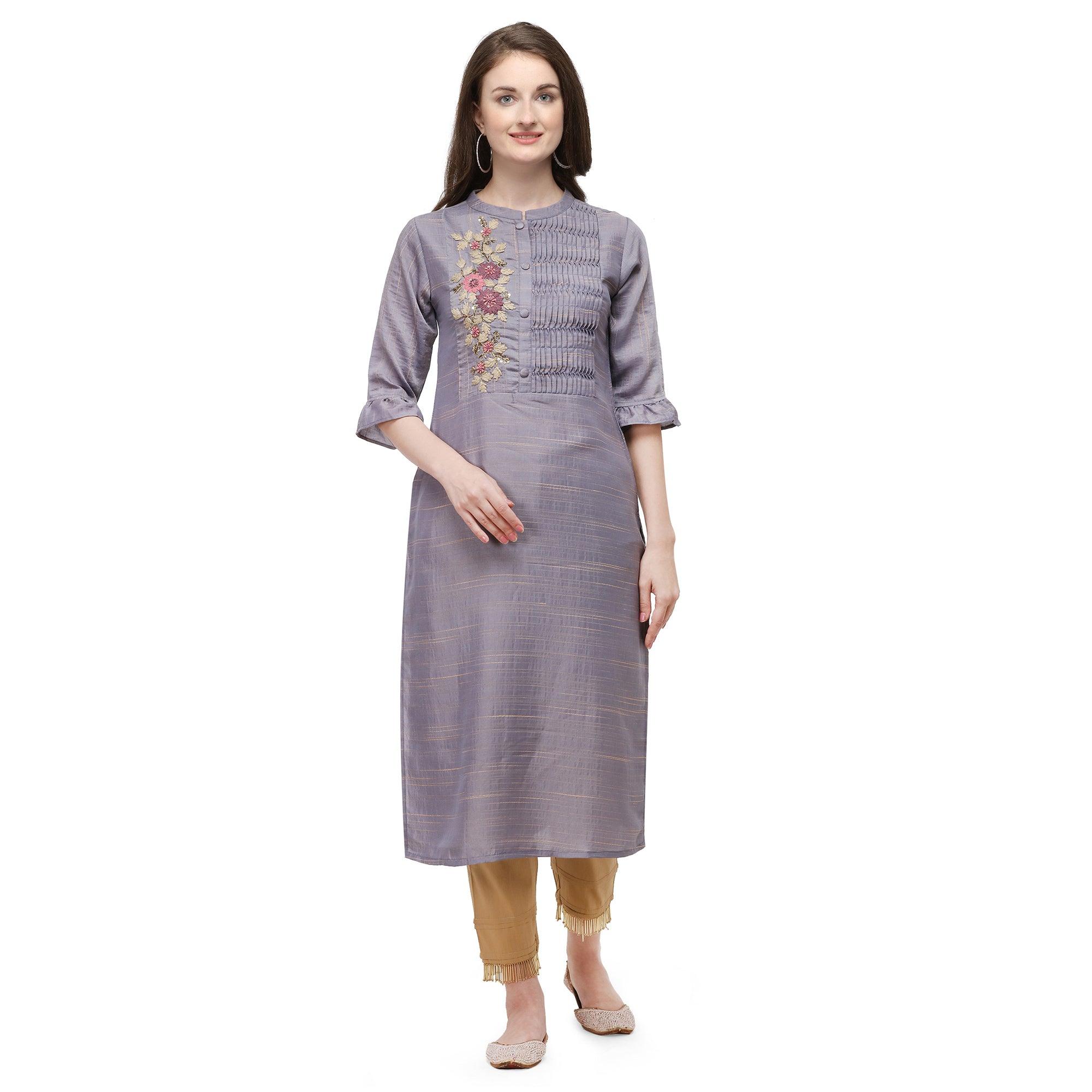 Purple Casual Wear Floral Embroidered Rayon Slub Silk Kurti - Peachmode