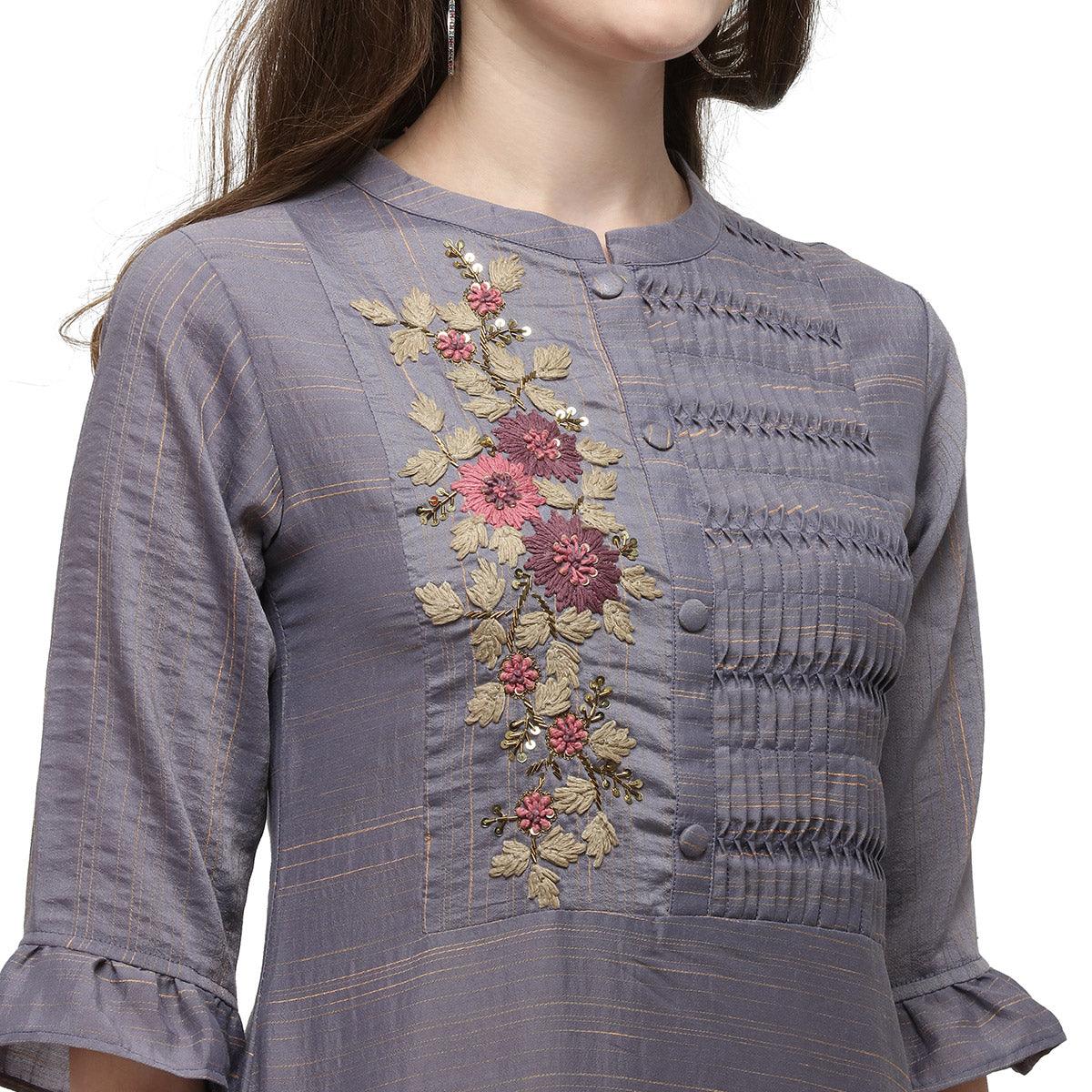 Purple Casual Wear Floral Embroidered Rayon Slub Silk Kurti - Peachmode
