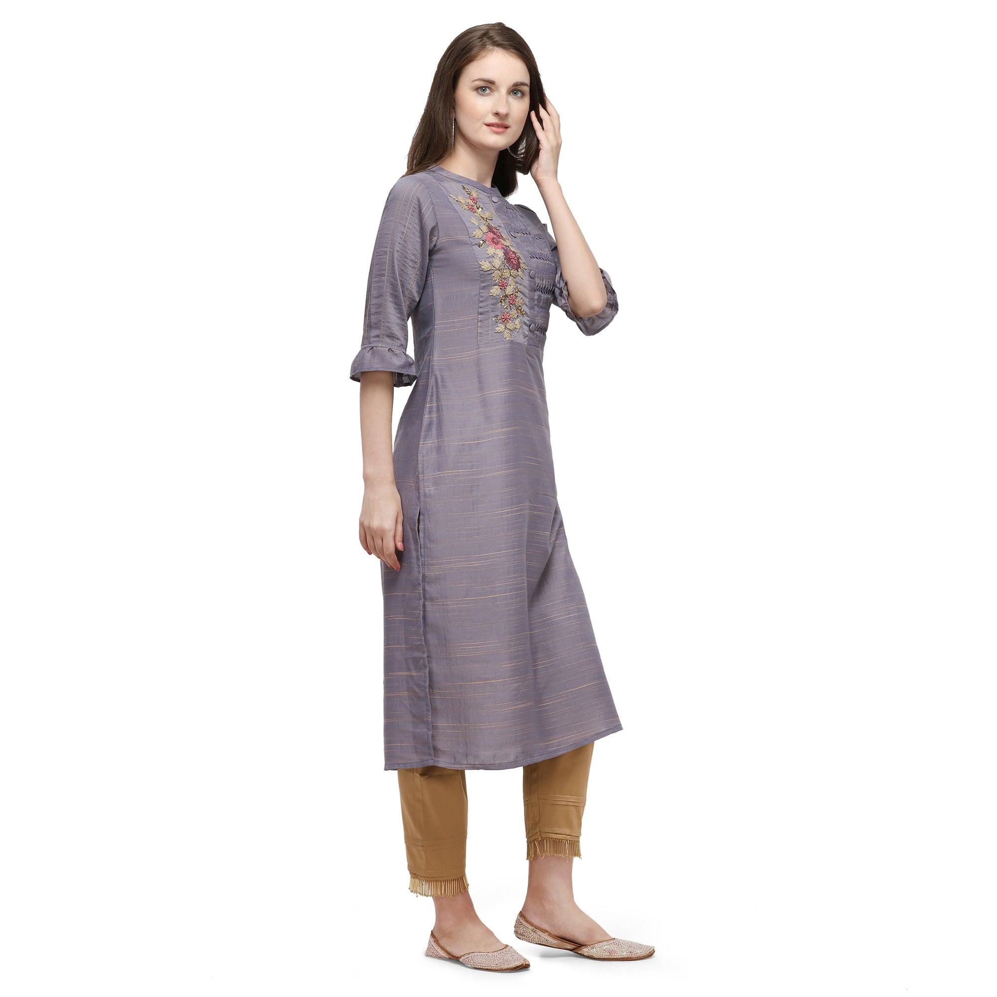 Purple Casual Wear Floral Embroidered Rayon Slub Silk Kurti - Peachmode