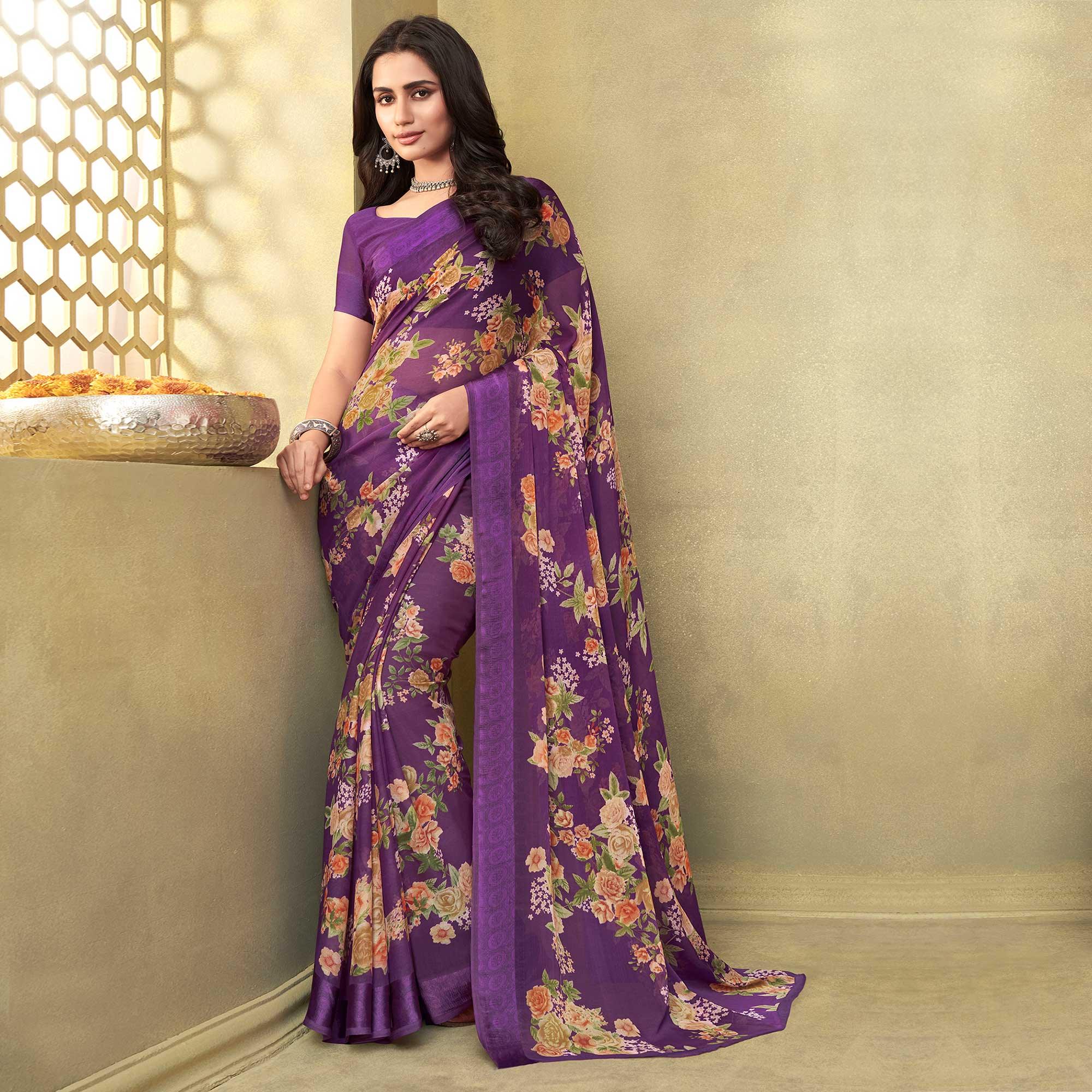 Purple Casual Wear Floral Printed Chiffon Saree - Peachmode