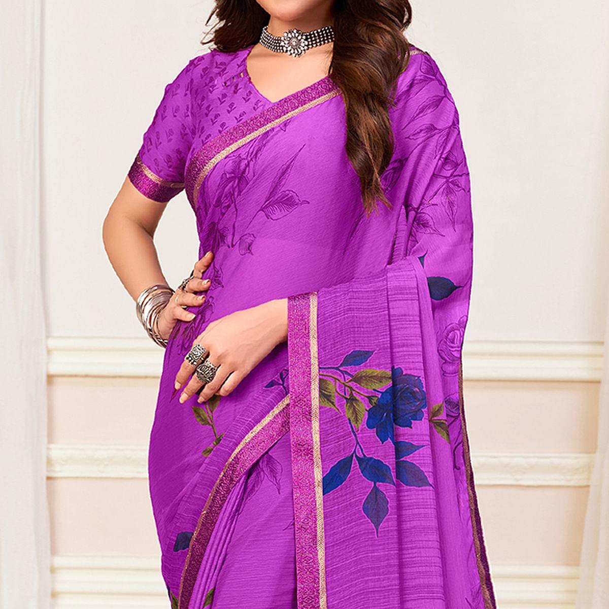Purple Casual Wear Floral Printed Chiffon Saree - Peachmode