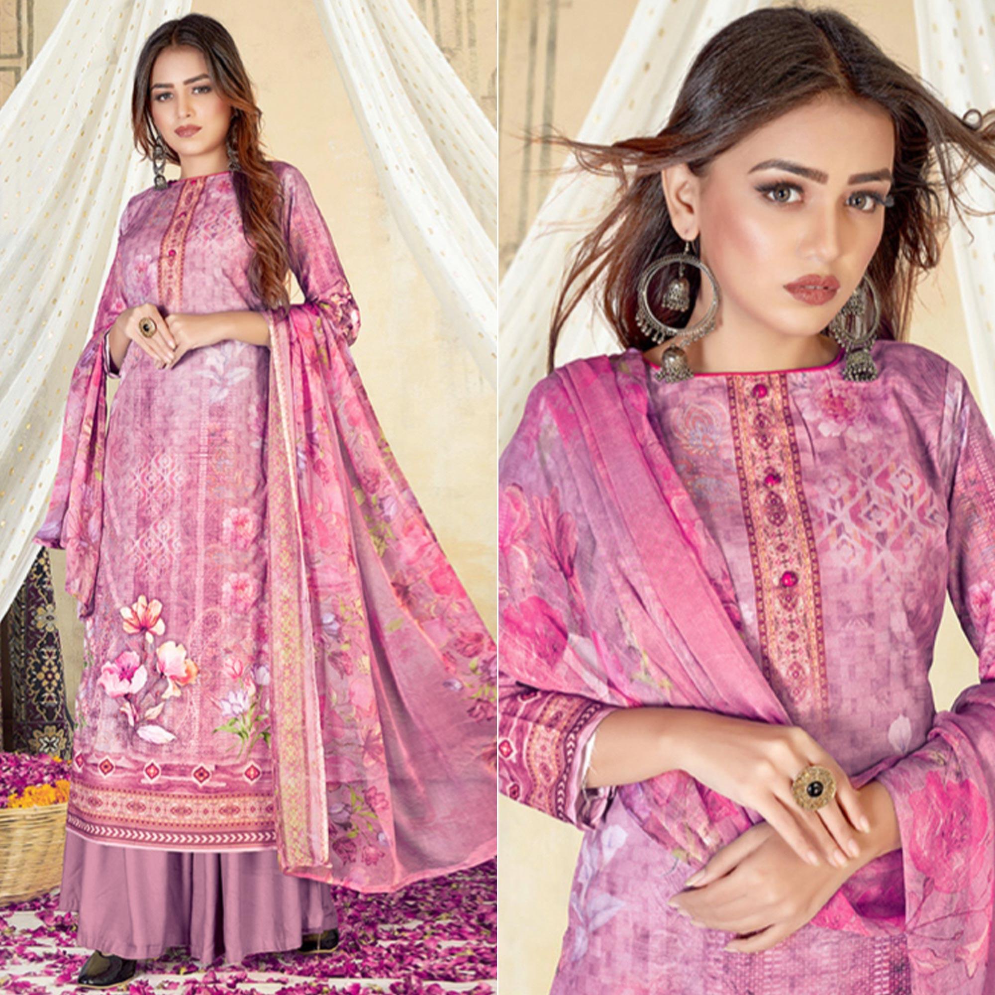 Purple Casual Wear Floral Printed Cotton Dress Material - Peachmode