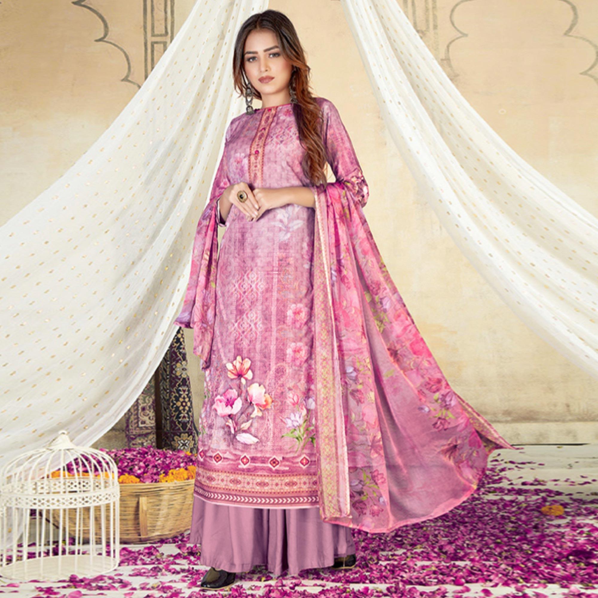 Purple Casual Wear Floral Printed Cotton Dress Material - Peachmode