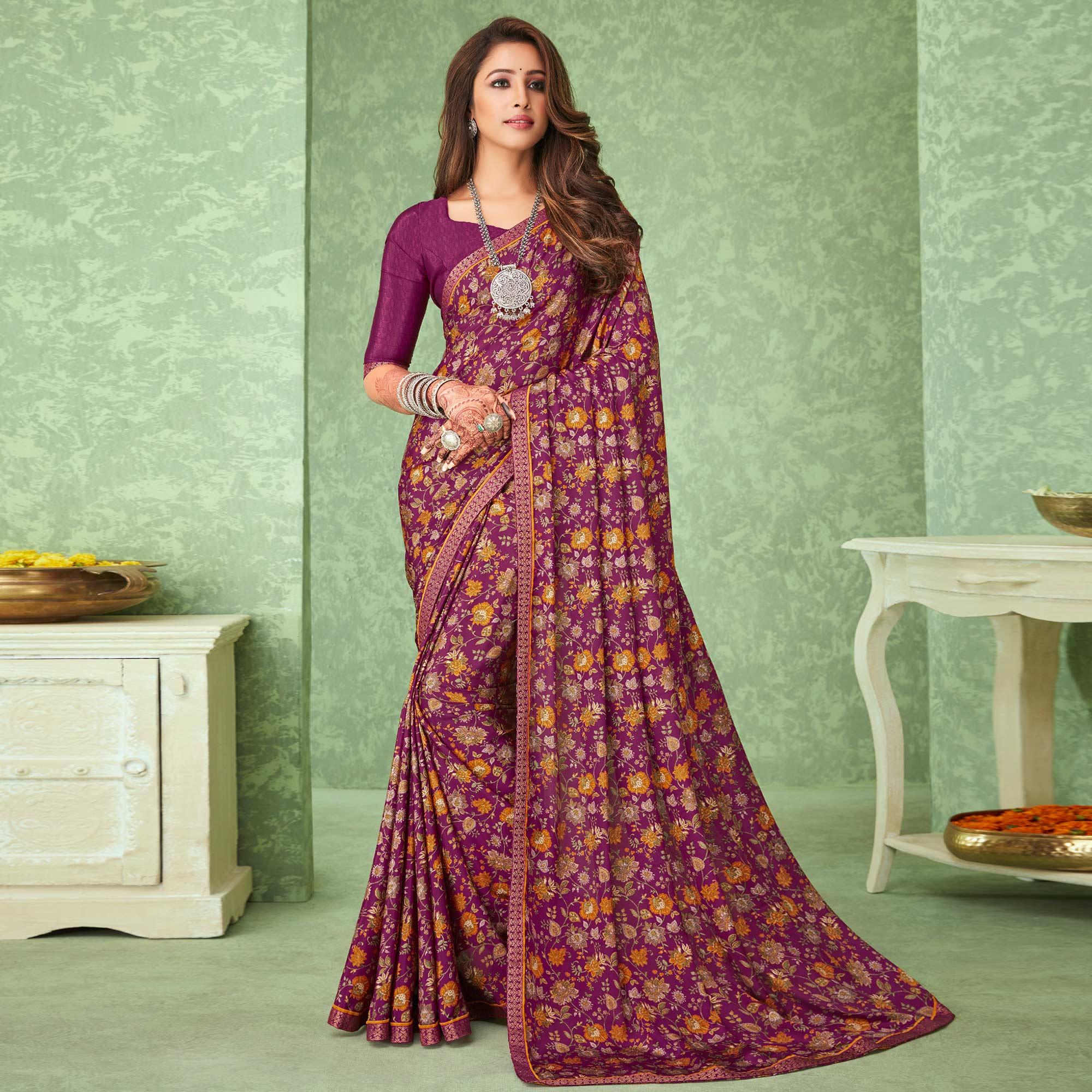 Purple Casual Wear Floral Printed Crepe Saree With Banarasi Border - Peachmode
