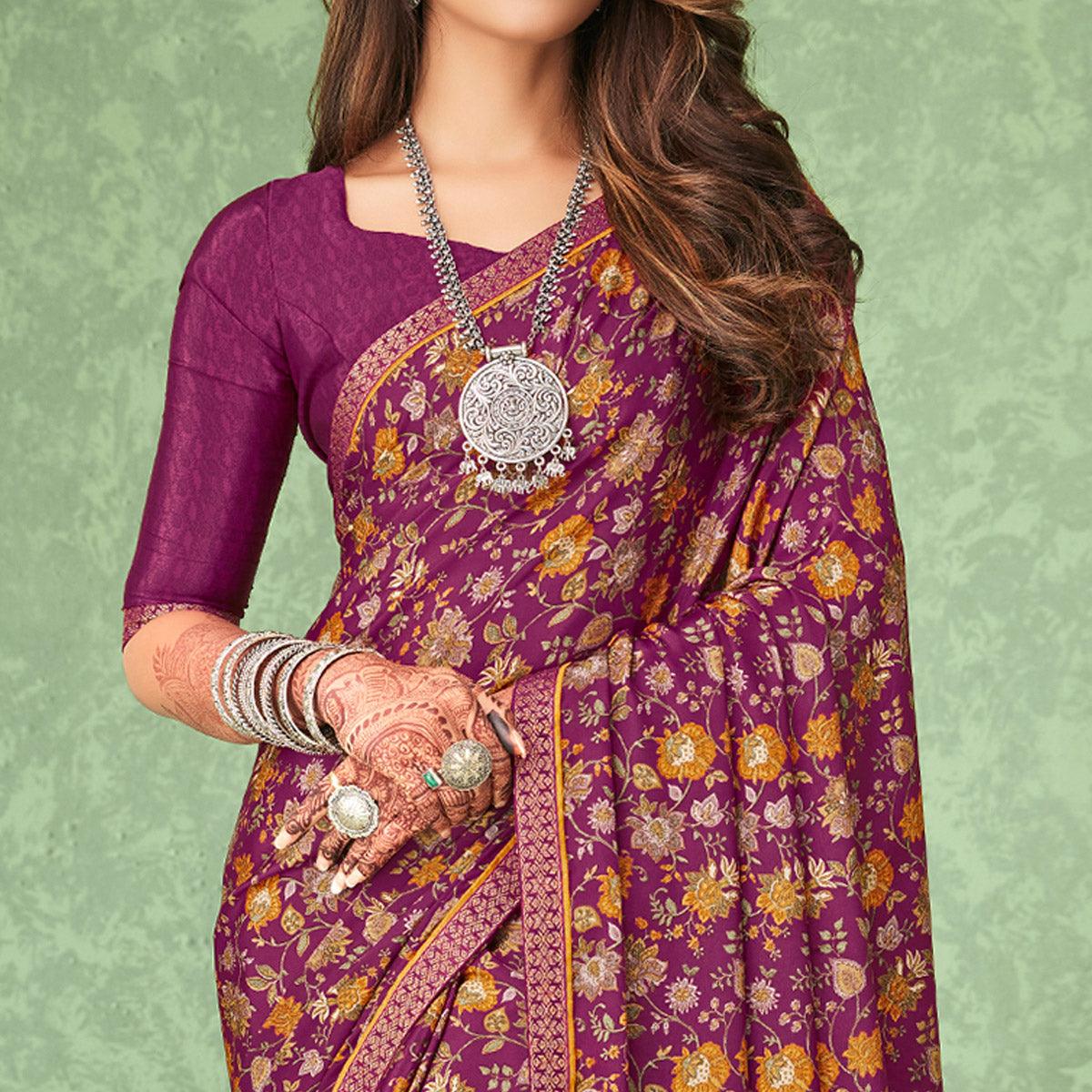 Purple Casual Wear Floral Printed Crepe Saree With Banarasi Border - Peachmode
