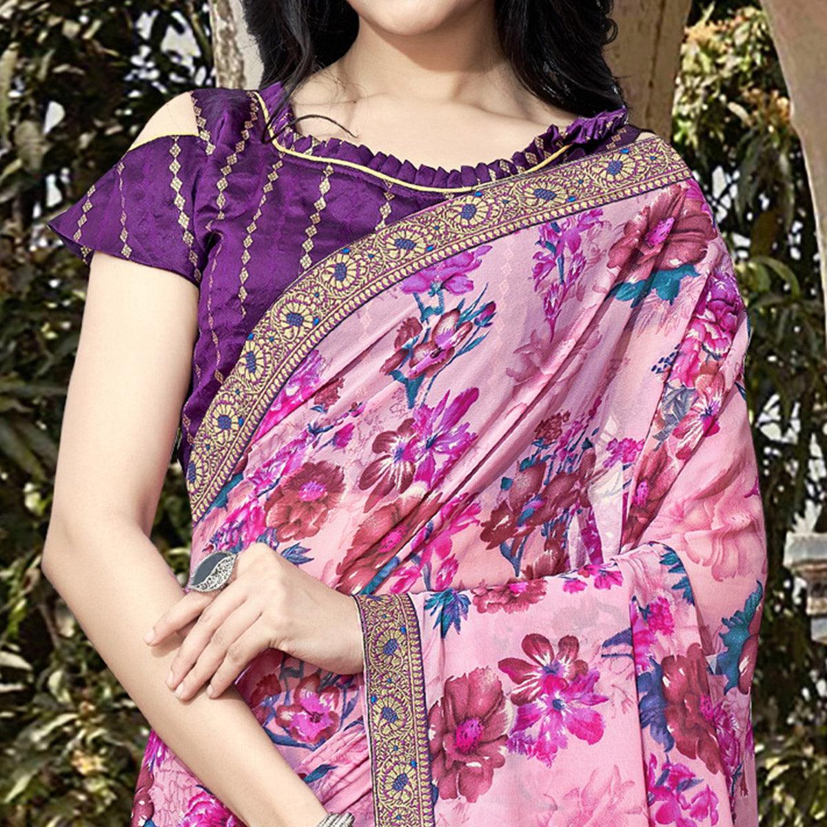 Purple Casual Wear Floral Printed Georgette Saree With Lace Border - Peachmode