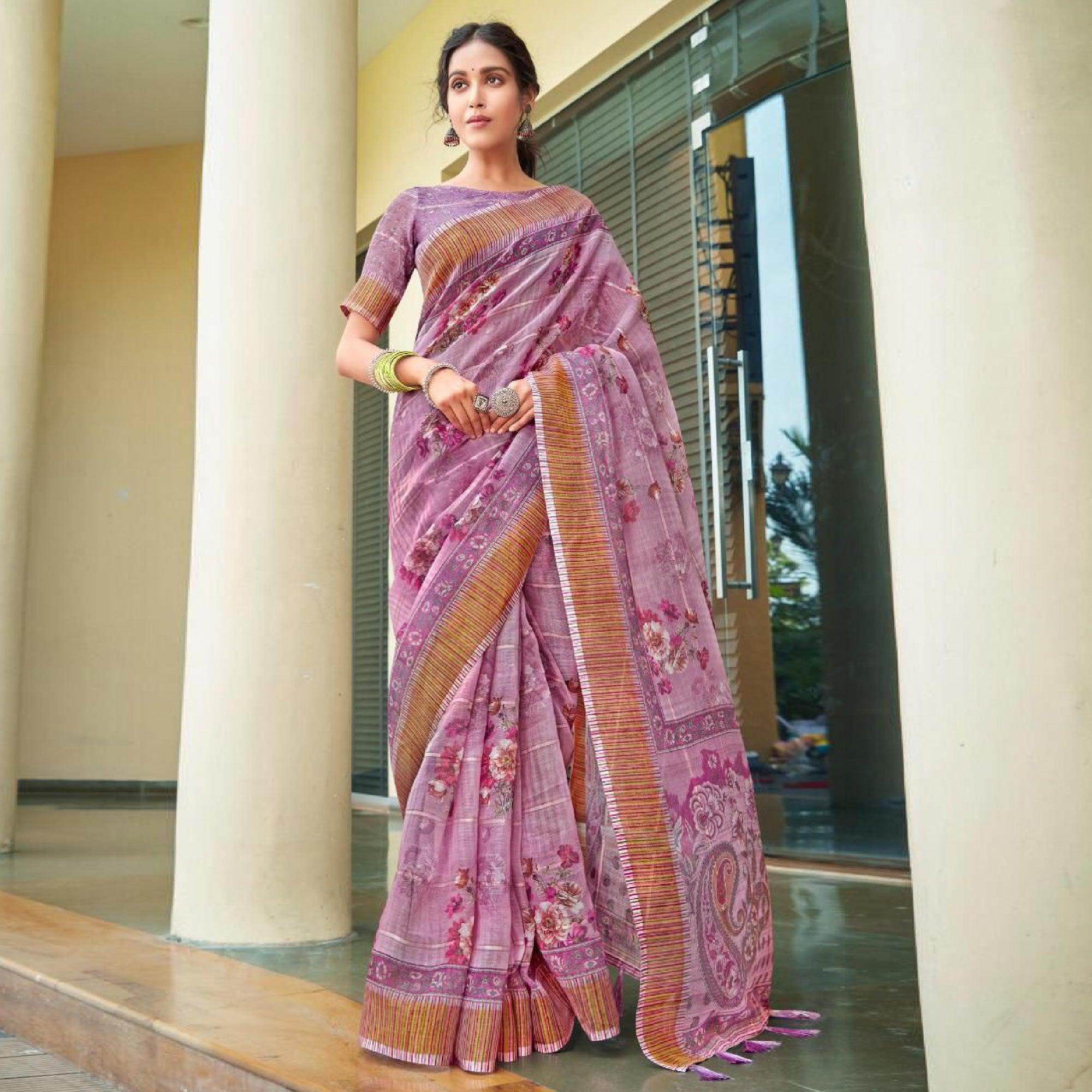 Purple Casual Wear Floral Printed Pure Linen Saree - Peachmode