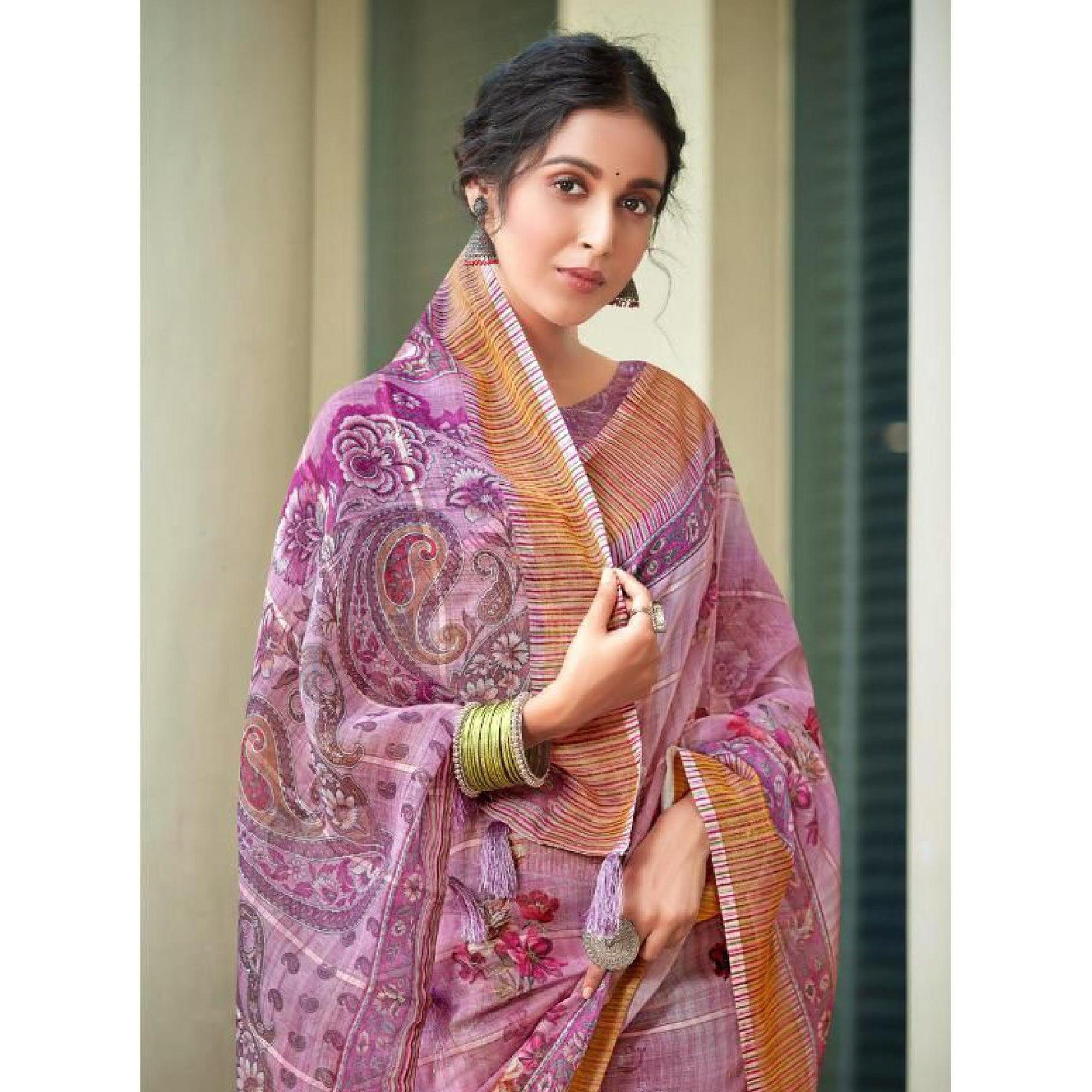 Purple Casual Wear Floral Printed Pure Linen Saree - Peachmode