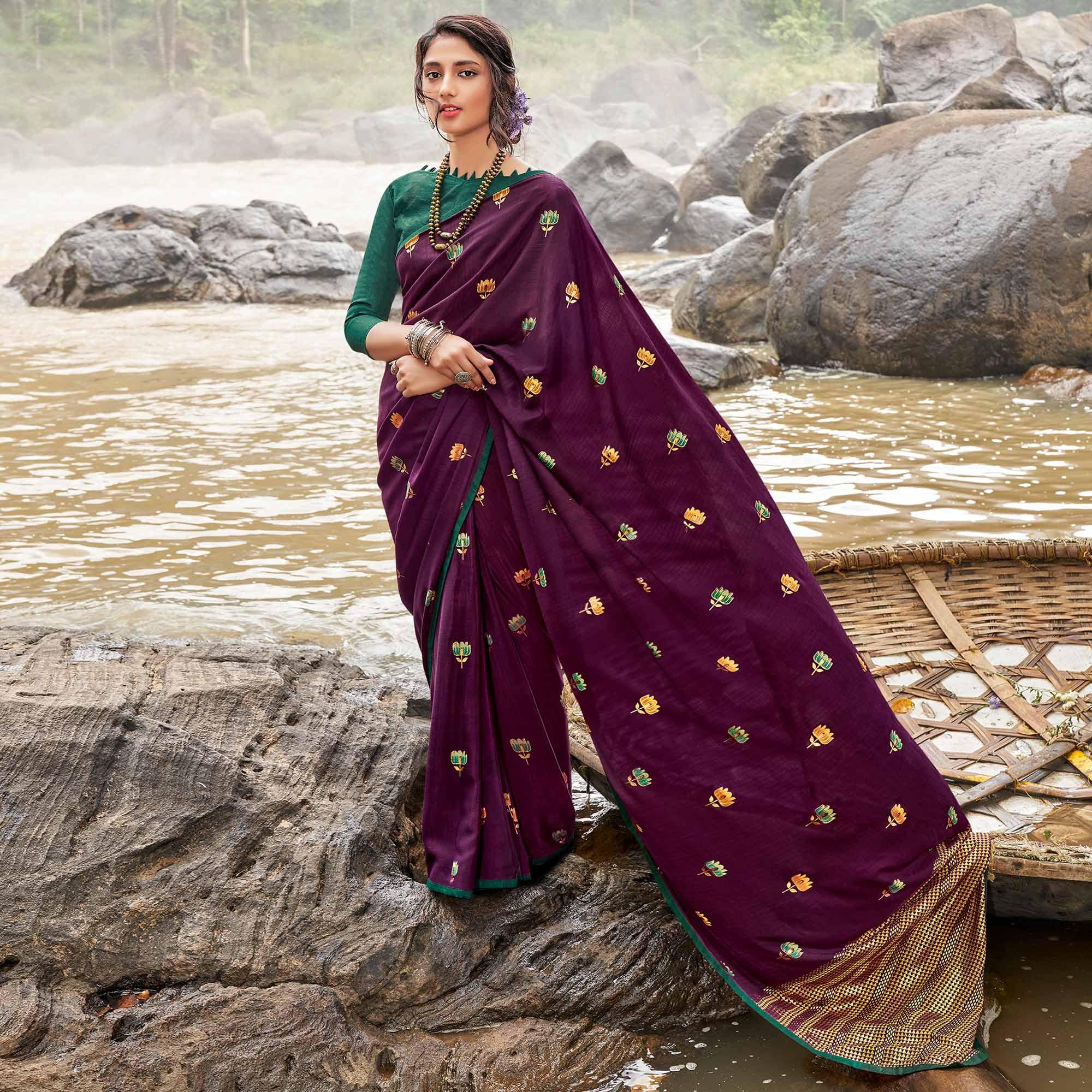 Purple Casual Wear Foil Printed Chiffon Saree - Peachmode