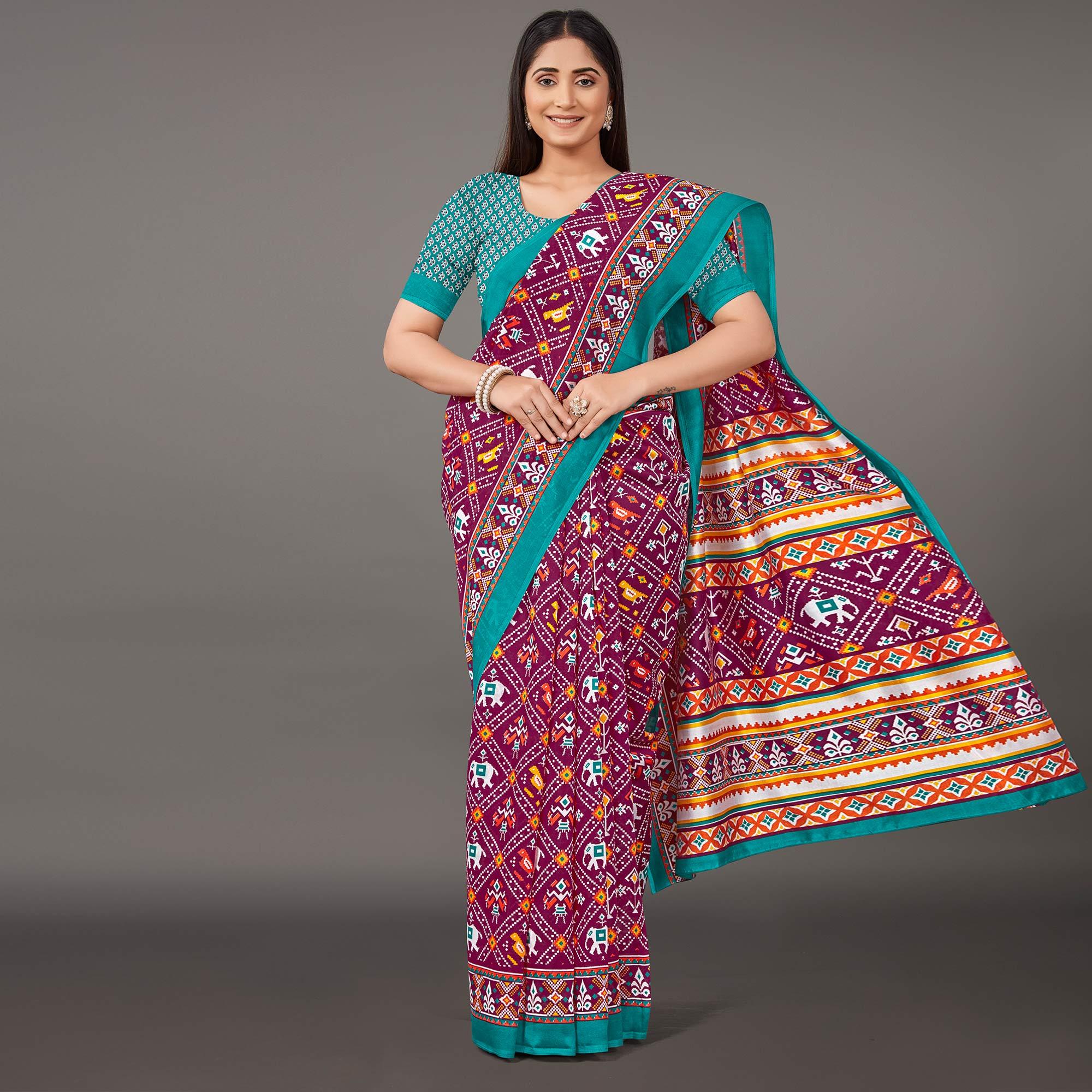 Purple Casual Wear Geometric Printed Art Silk Saree - Peachmode