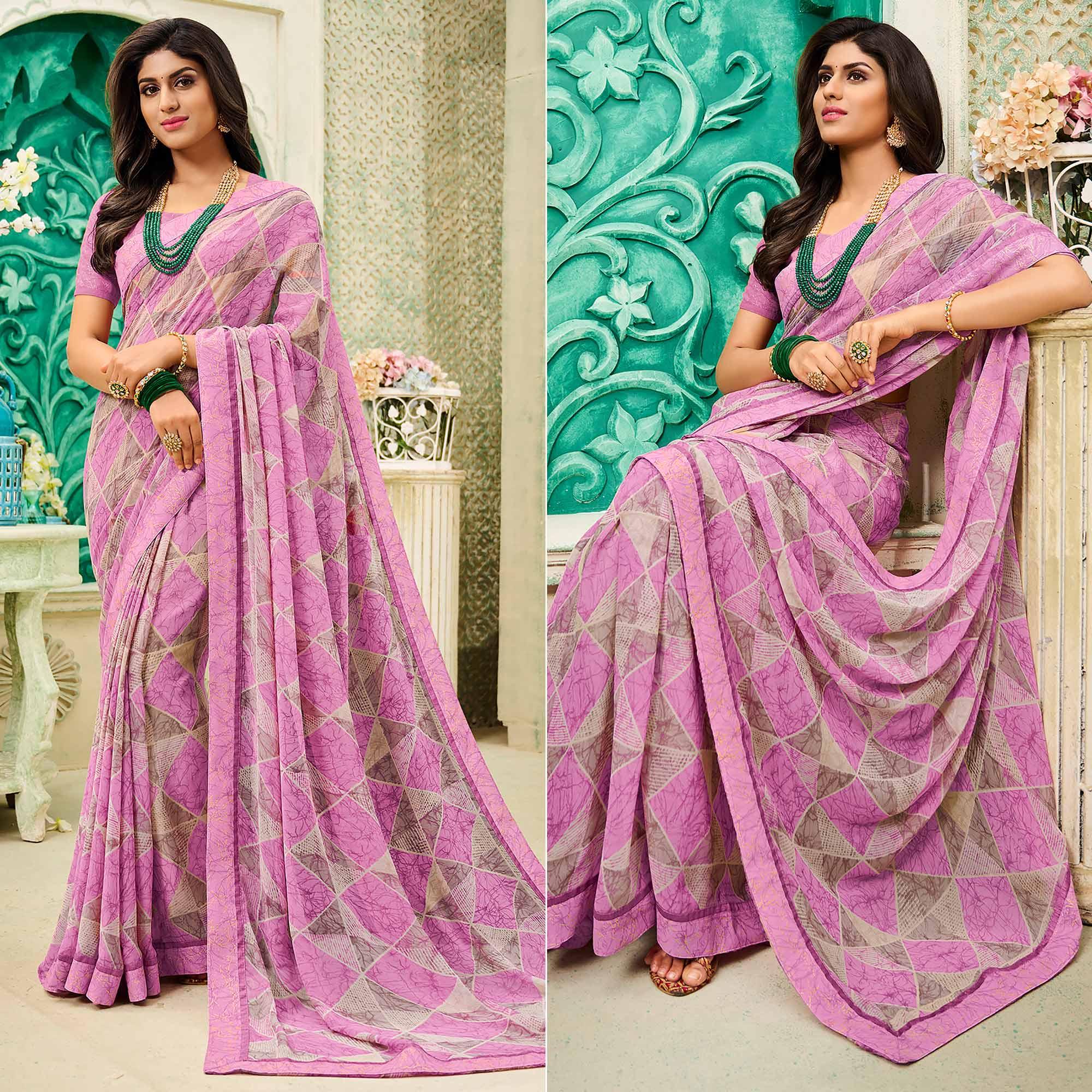 Purple Casual Wear Geometric Printed Georgette Saree - Peachmode