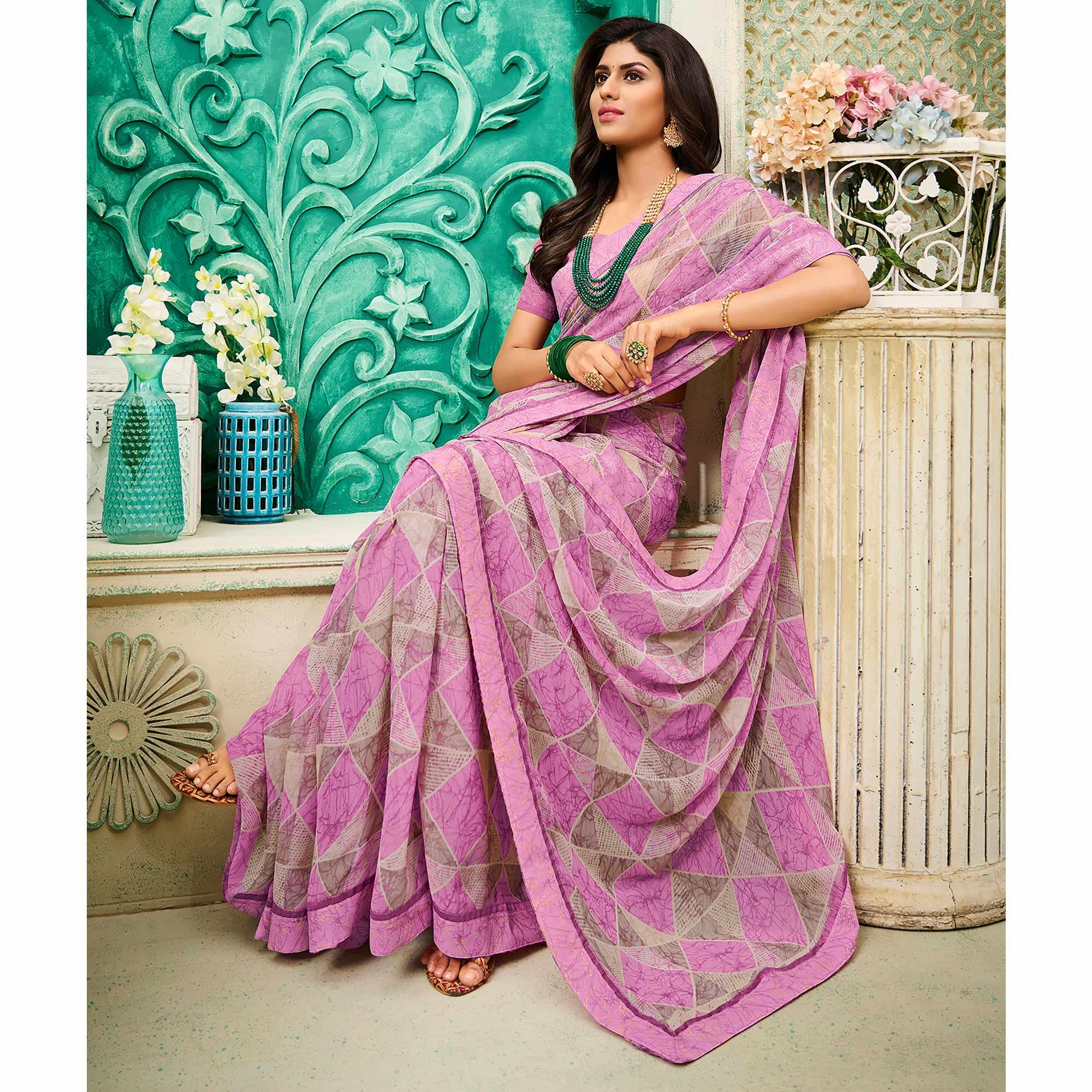 Purple Casual Wear Geometric Printed Georgette Saree - Peachmode