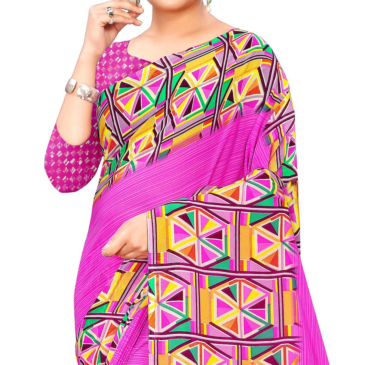 Purple Casual Wear Geometric Printed Georgette Saree - Peachmode