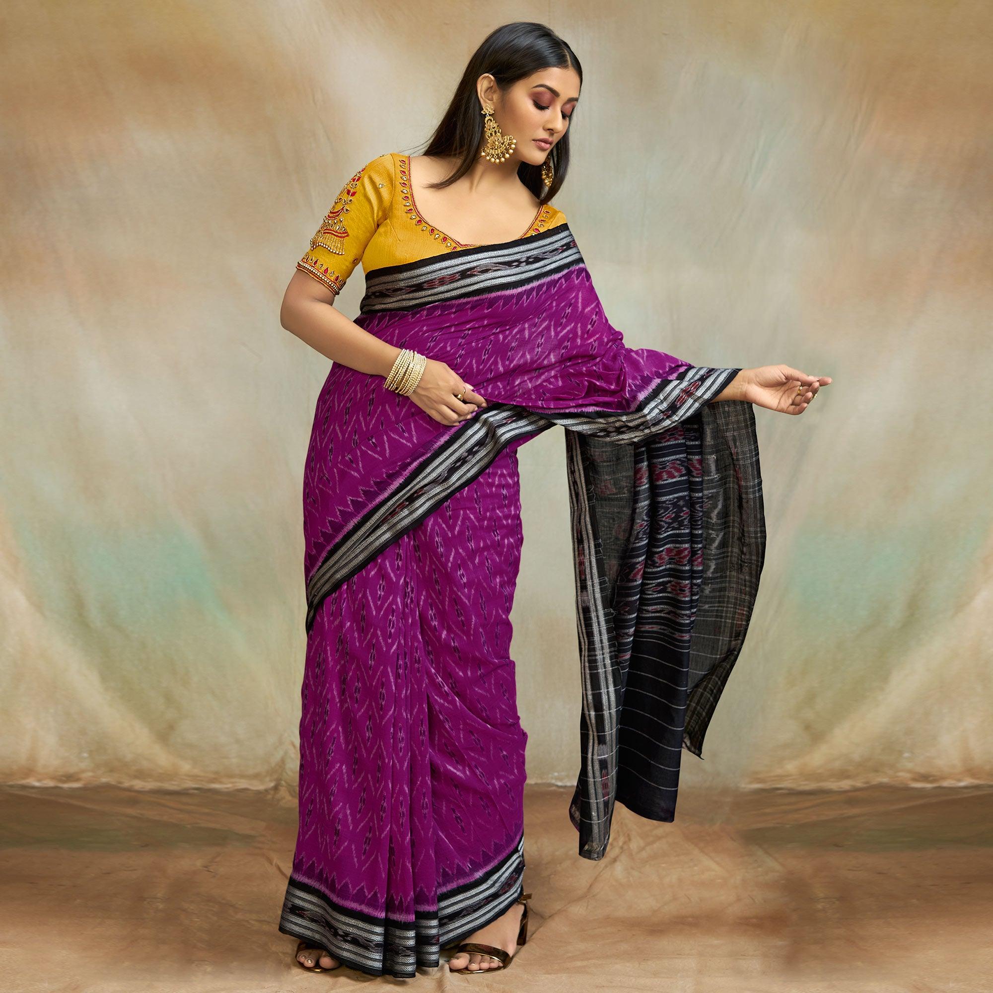 Purple Casual Wear Ikkat Printed Mul Mul Cotton Saree - Peachmode
