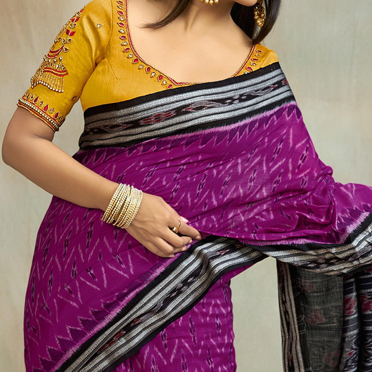 Purple Casual Wear Ikkat Printed Mul Mul Cotton Saree - Peachmode