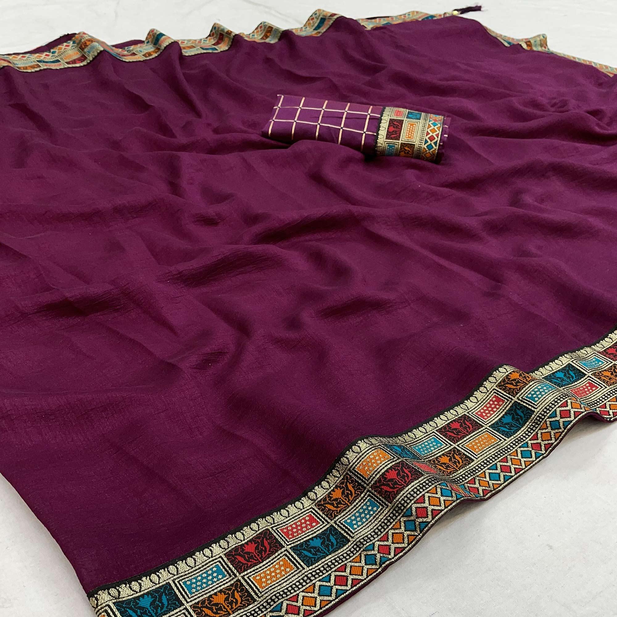 Purple Casual Wear Jacquard Lace Border Silk Saree With Tassels - Peachmode