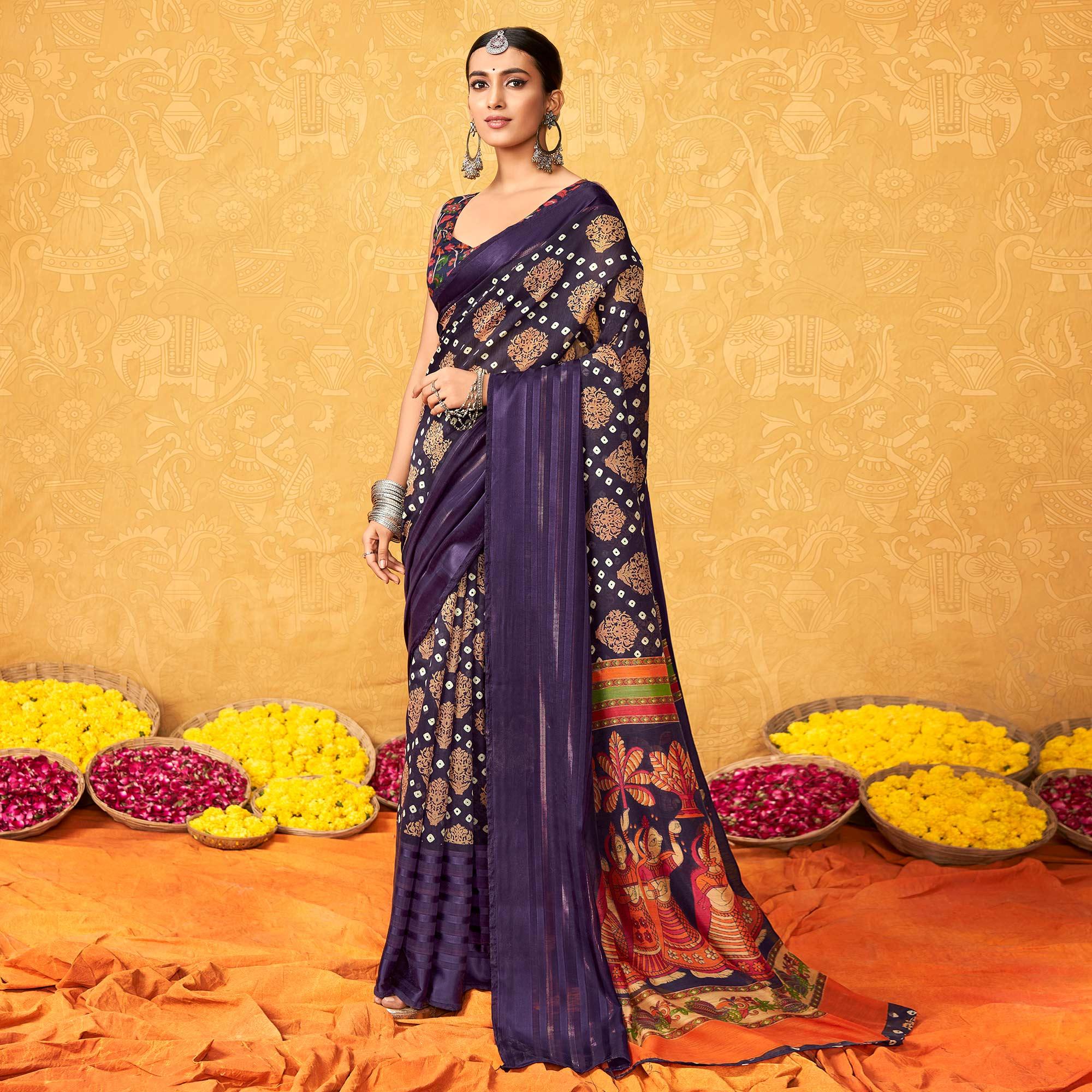 Purple Casual Wear KalamKari Block Printed Cotton Satin Saree - Peachmode