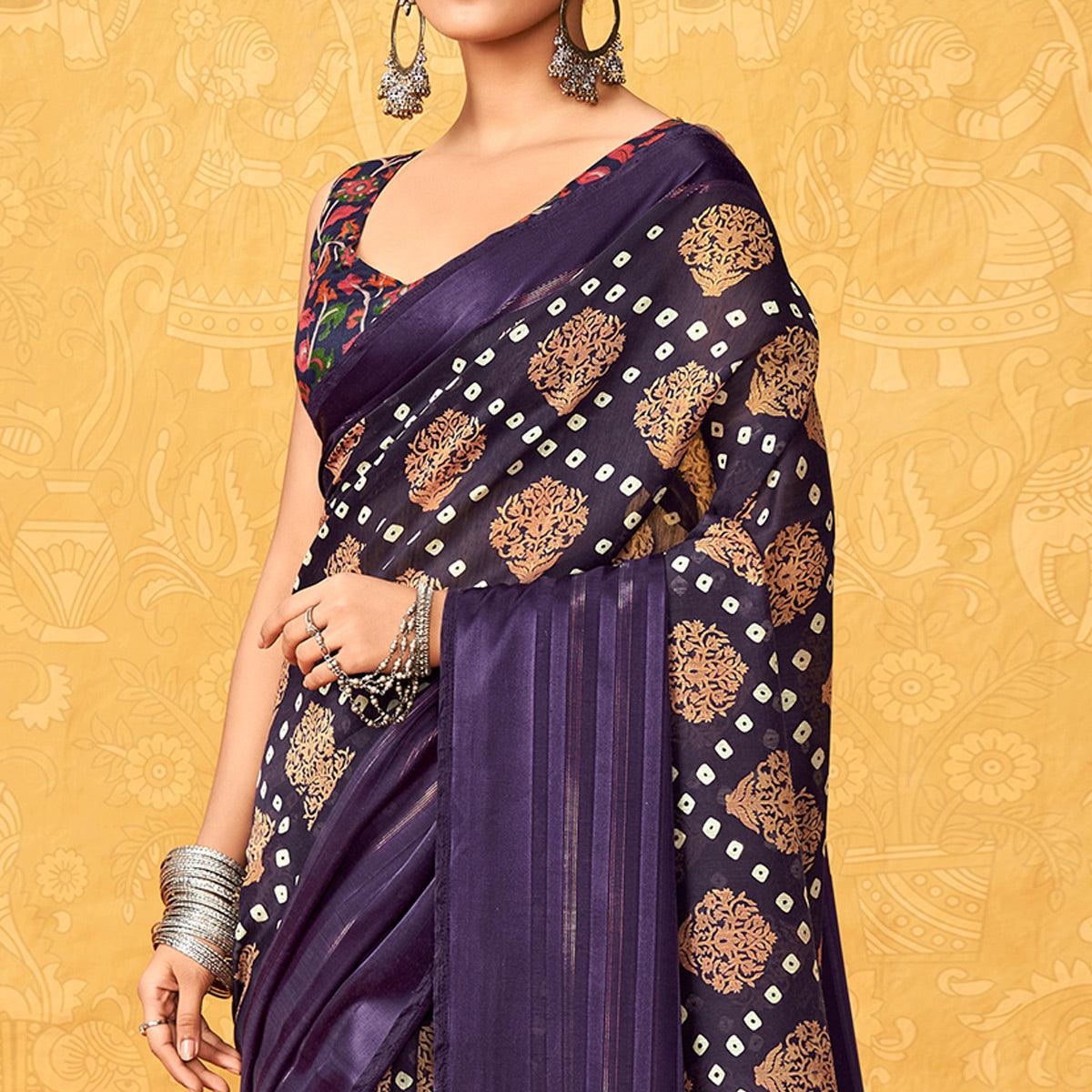 Purple Casual Wear KalamKari Block Printed Cotton Satin Saree - Peachmode