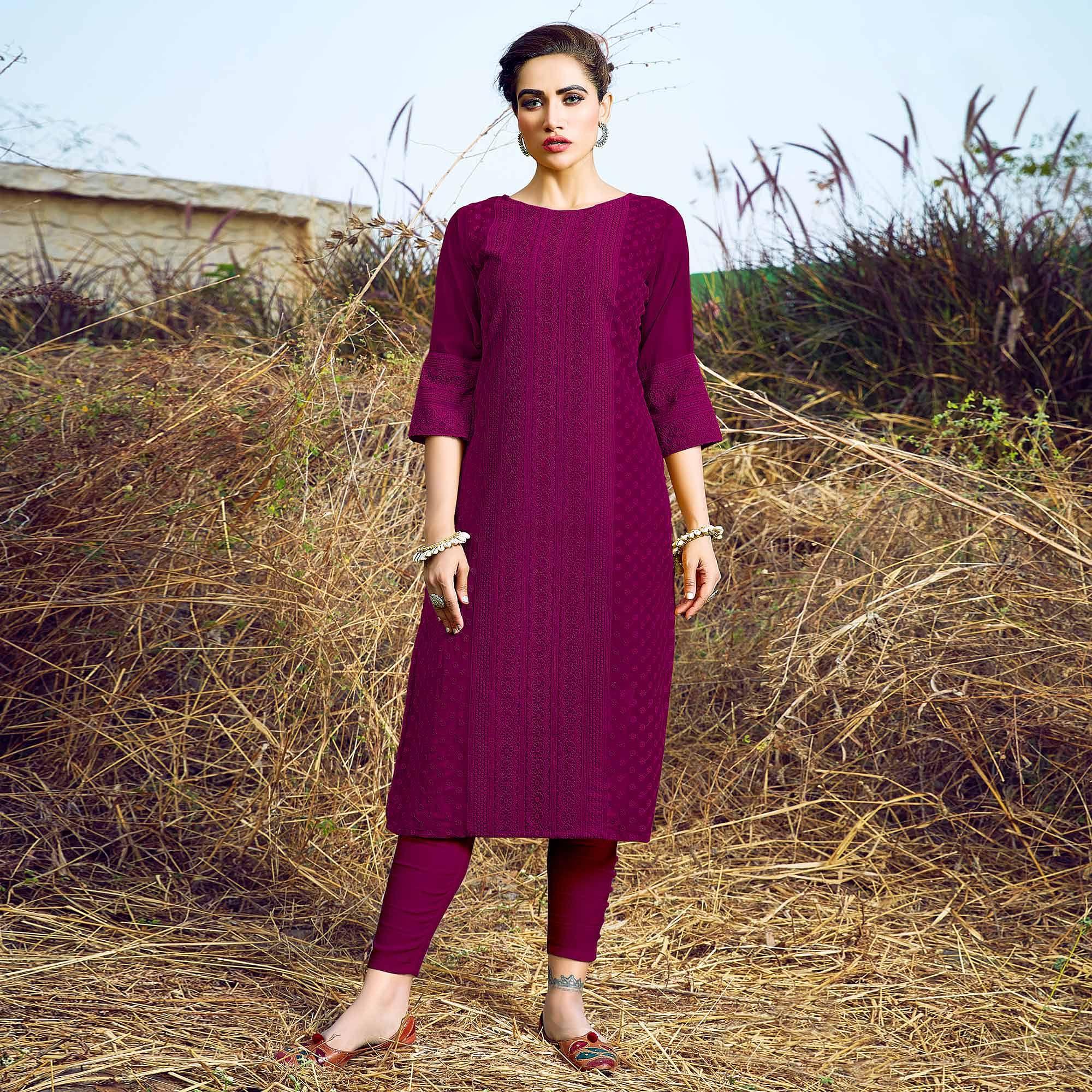 Purple Casual Wear Lucknowi Embroidered Georgette Kurti - Peachmode