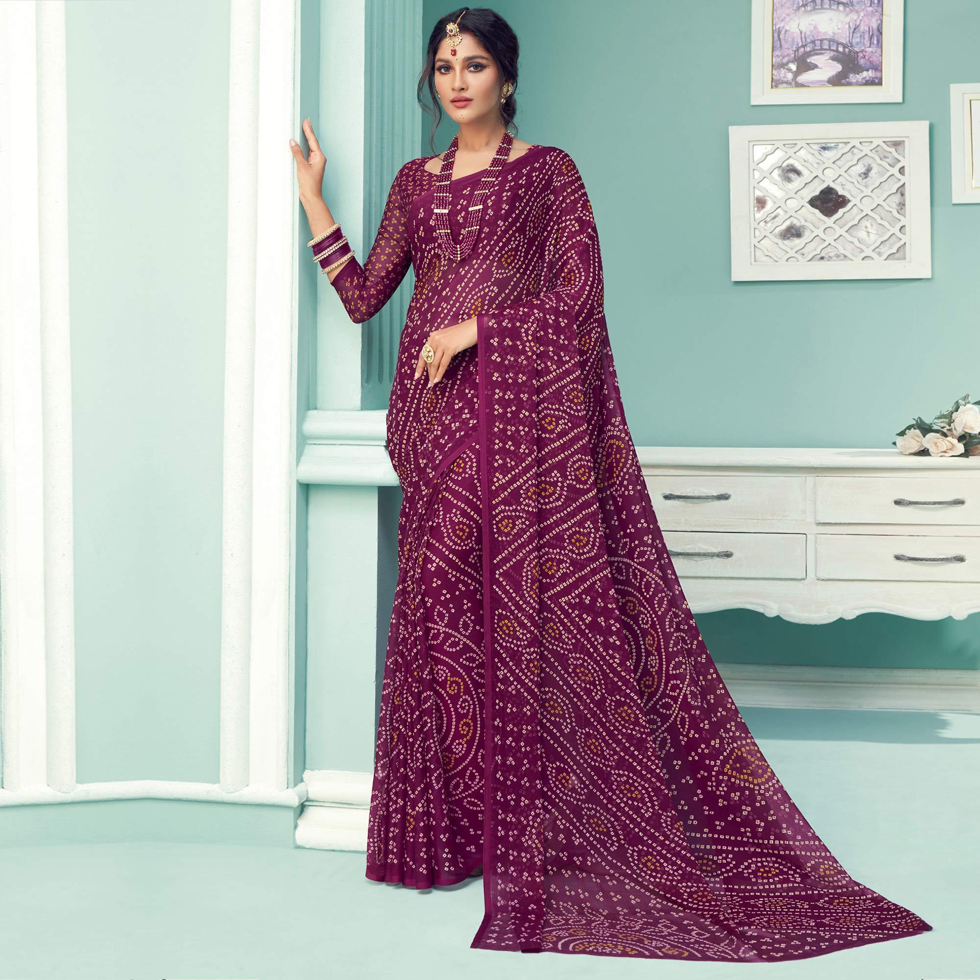 Purple Casual Wear Printed Chiffon Bandhani Saree - Peachmode