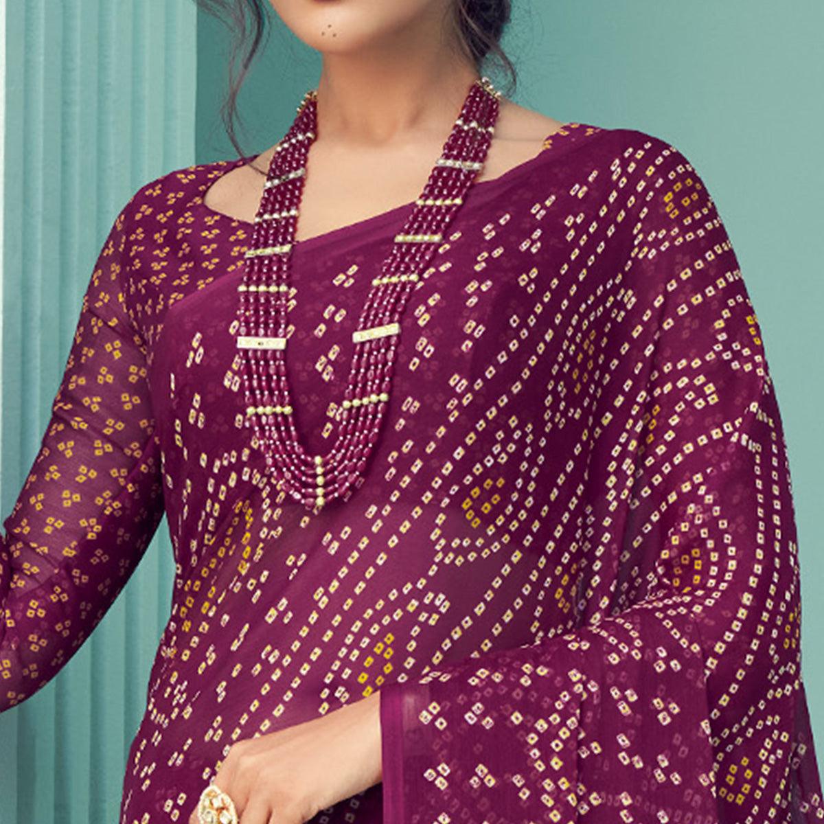 Purple Casual Wear Printed Chiffon Bandhani Saree - Peachmode