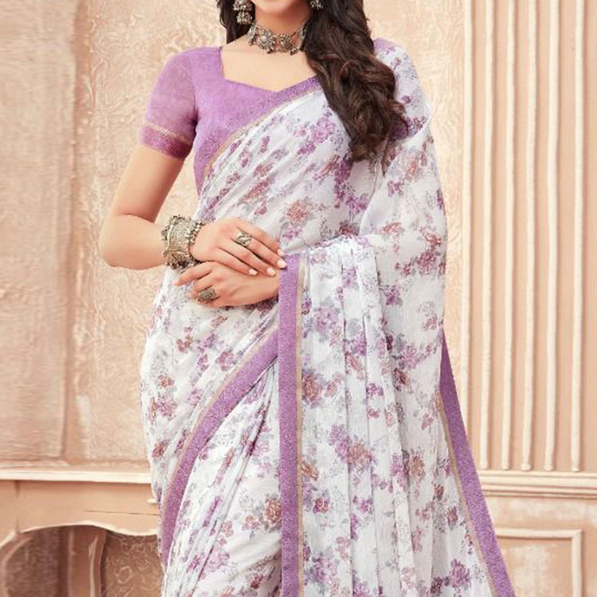 Purple Casual Wear Printed Chiffon Saree - Peachmode