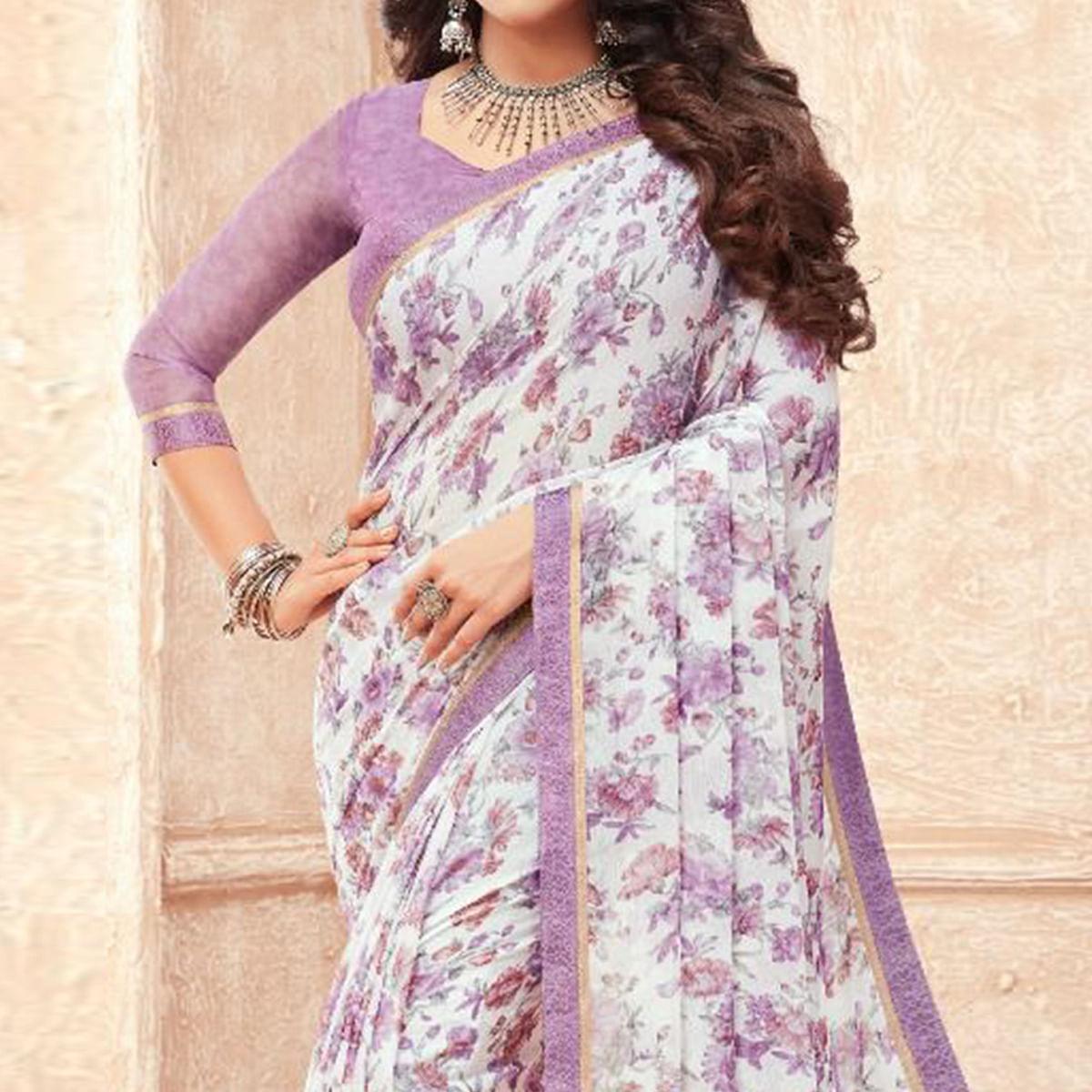Purple Casual Wear Printed Chiffon Saree - Peachmode