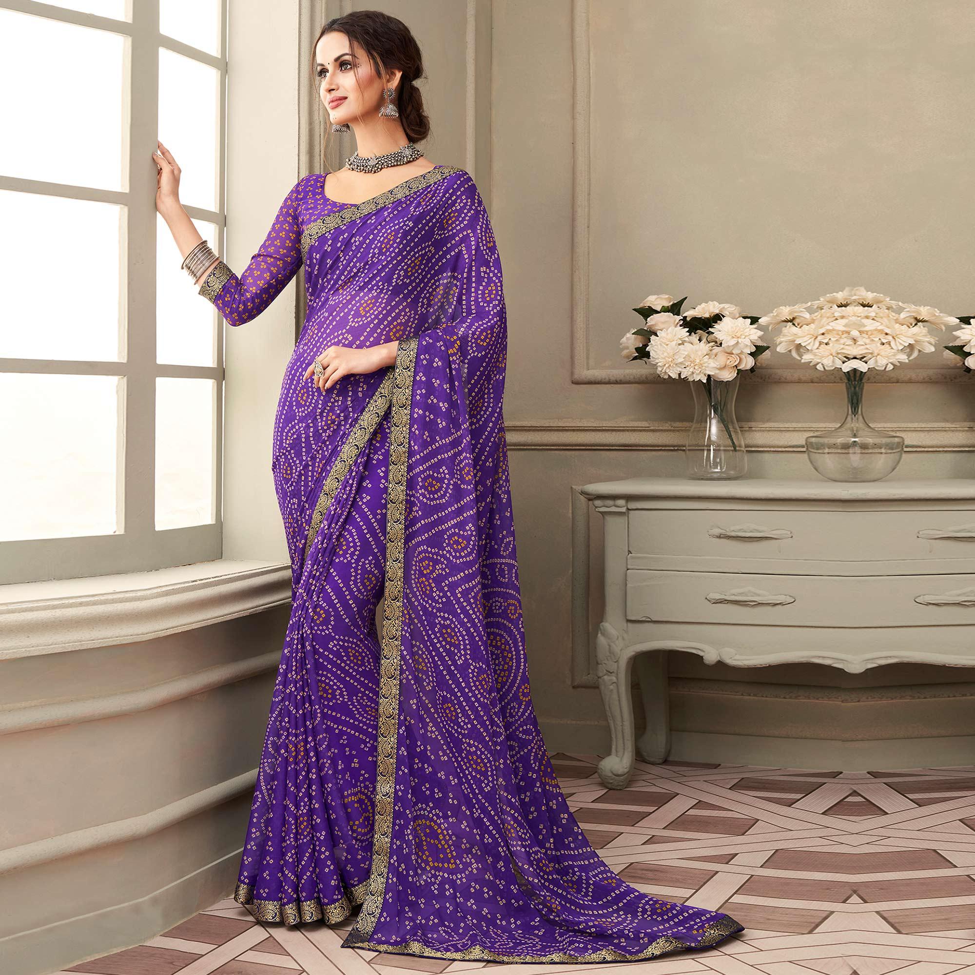 Purple Casual Wear Printed Chiffon Saree with Banarasi Border - Peachmode