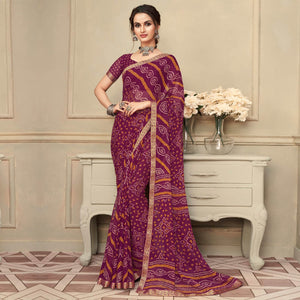 Purple Casual Wear Printed Chiffon Saree with Banarasi Border - Peachmode