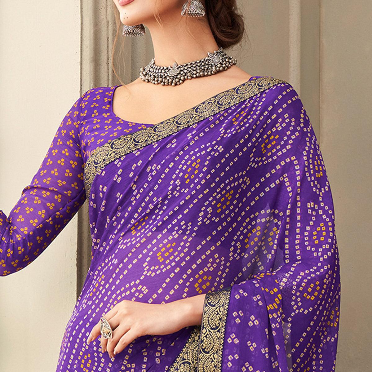 Purple Casual Wear Printed Chiffon Saree with Banarasi Border - Peachmode