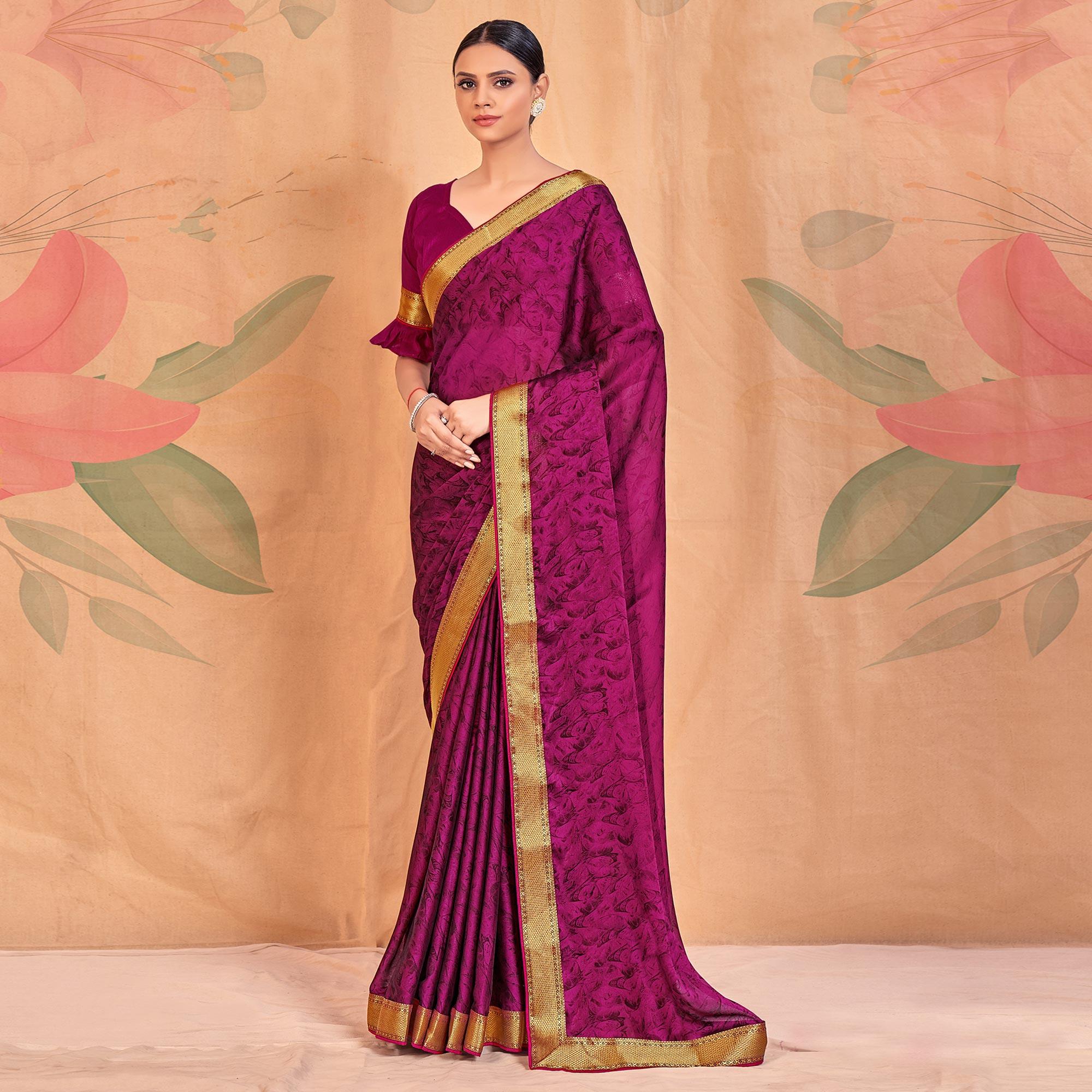 Purple Casual Wear Printed Chiffon Saree With Banarasi Lace - Peachmode