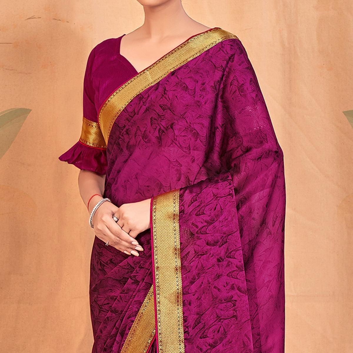 Purple Casual Wear Printed Chiffon Saree With Banarasi Lace - Peachmode