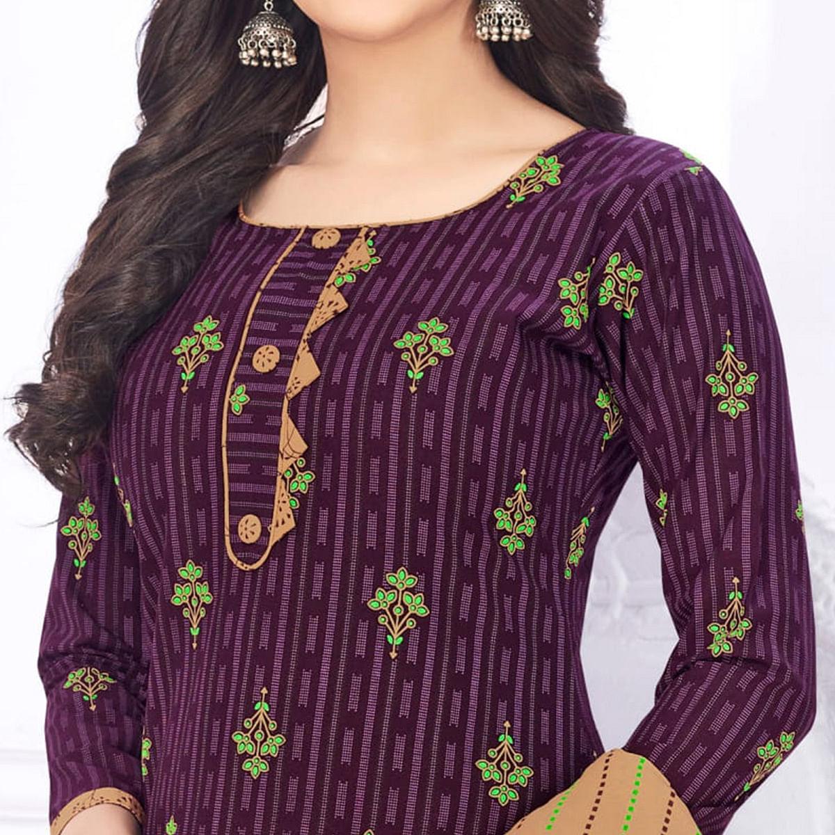 Purple Casual Wear Printed Cotton Dress Material - Peachmode