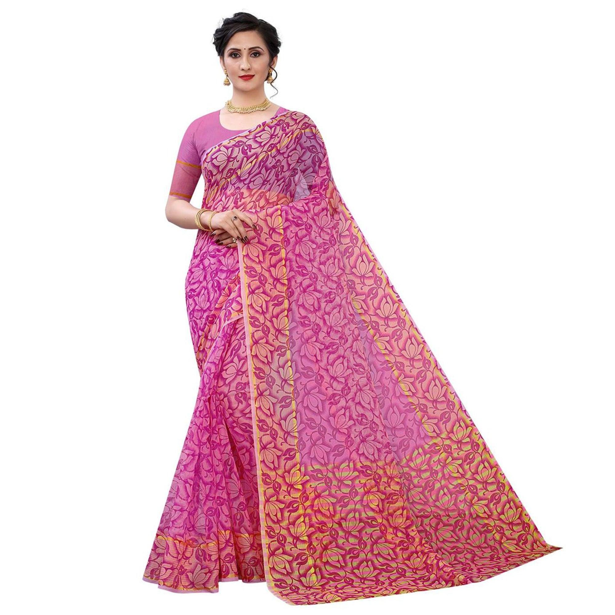 Purple Casual Wear Printed Cotton Saree - Peachmode