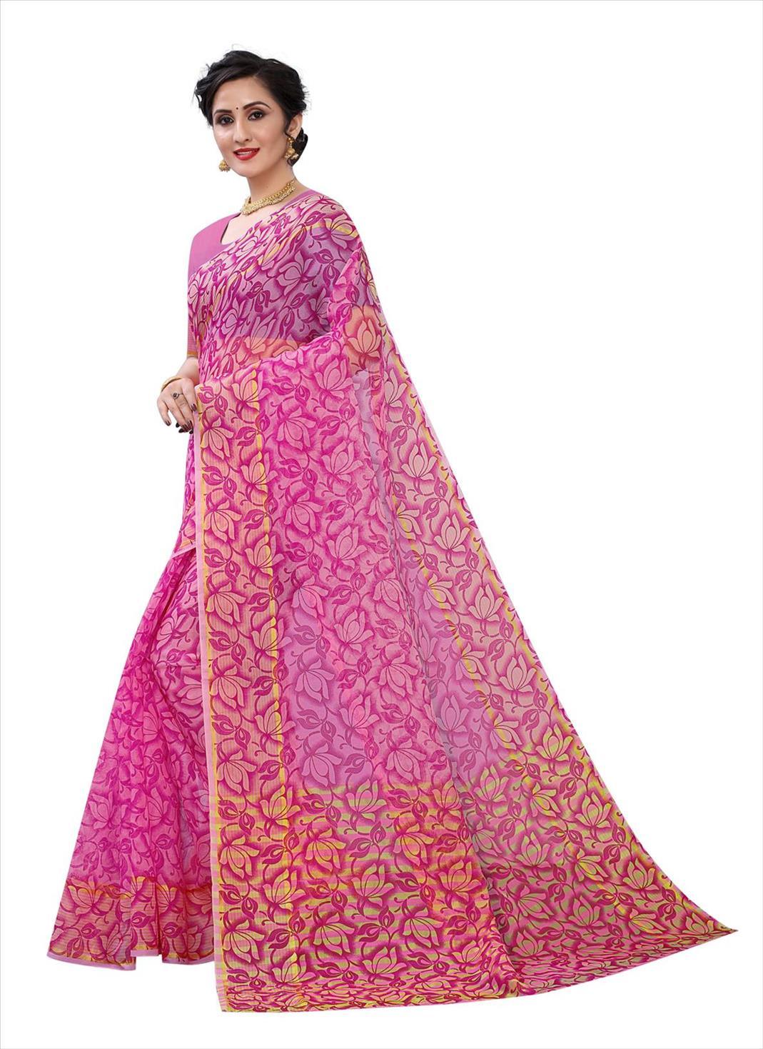 Purple Casual Wear Printed Cotton Saree - Peachmode