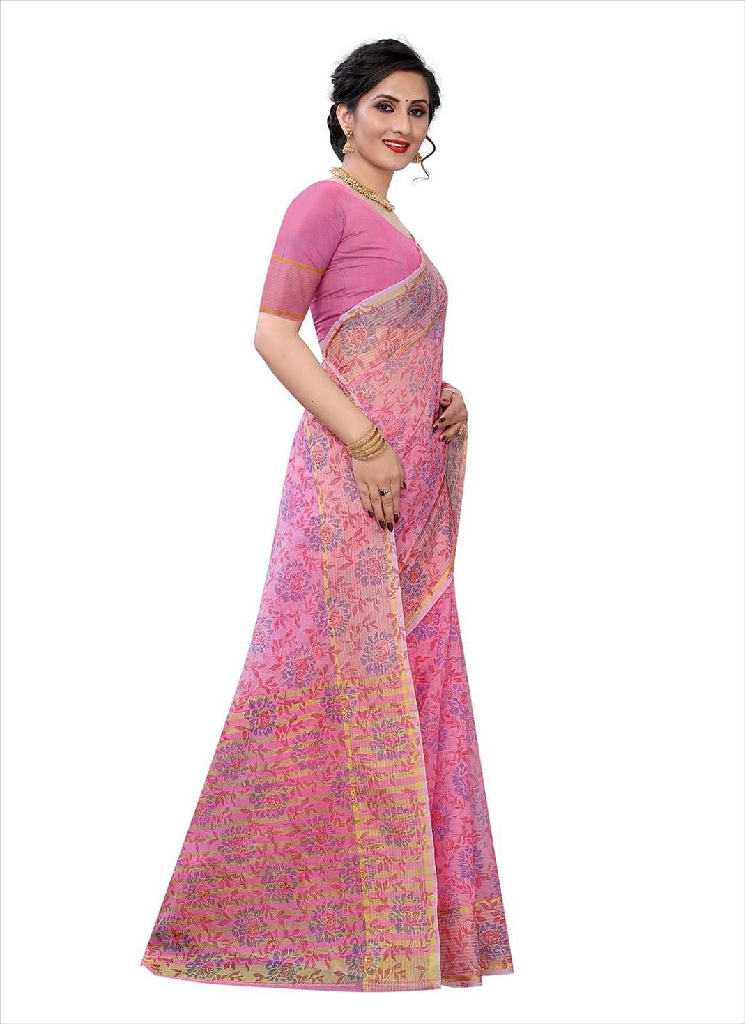 Purple Casual Wear Printed Cotton Saree - Peachmode